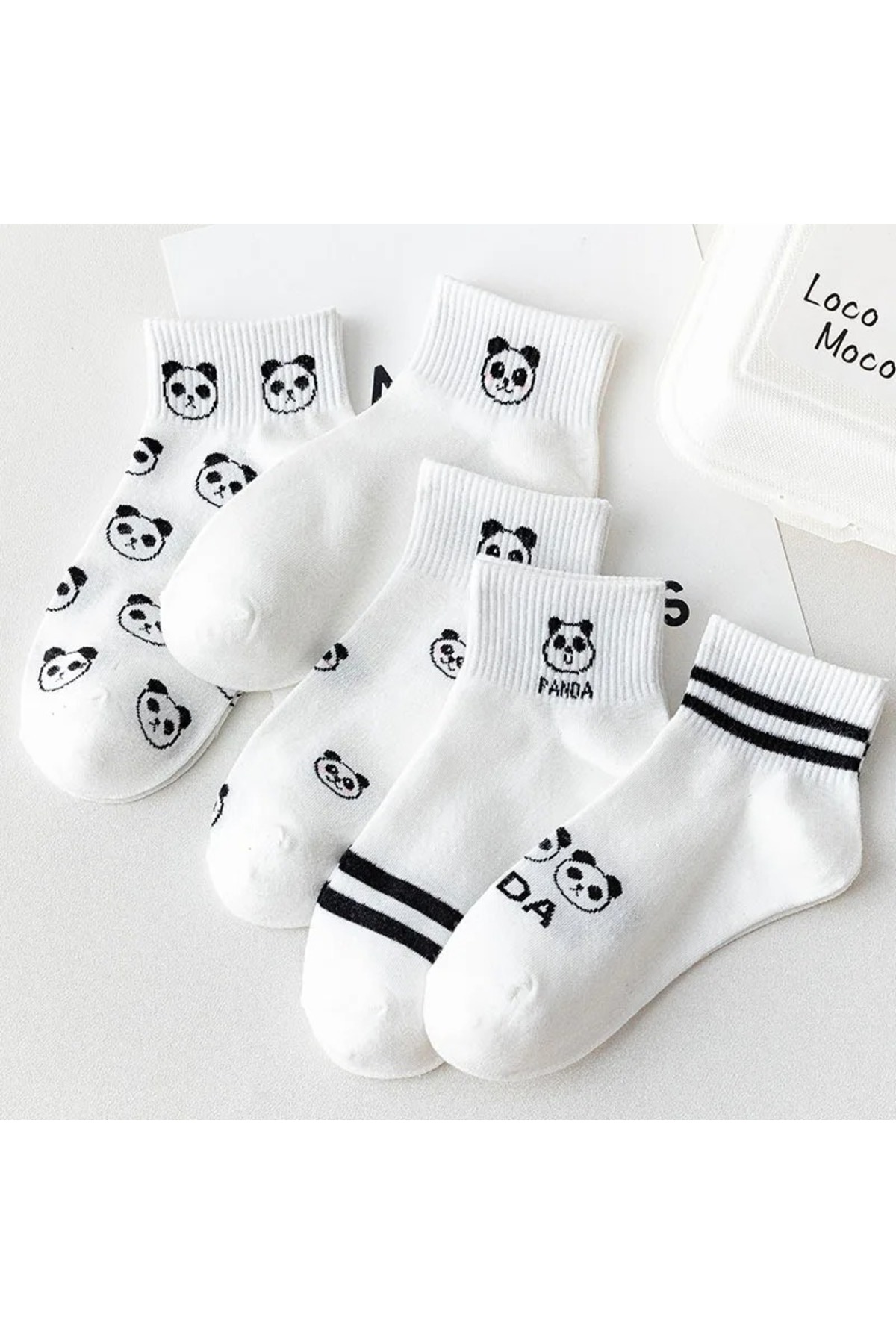 çorapmanya 5 Çift Dikişsiz Panda Desenli Siyah Beyaz Unisex Kolej Tenis Çorap görsel 2
