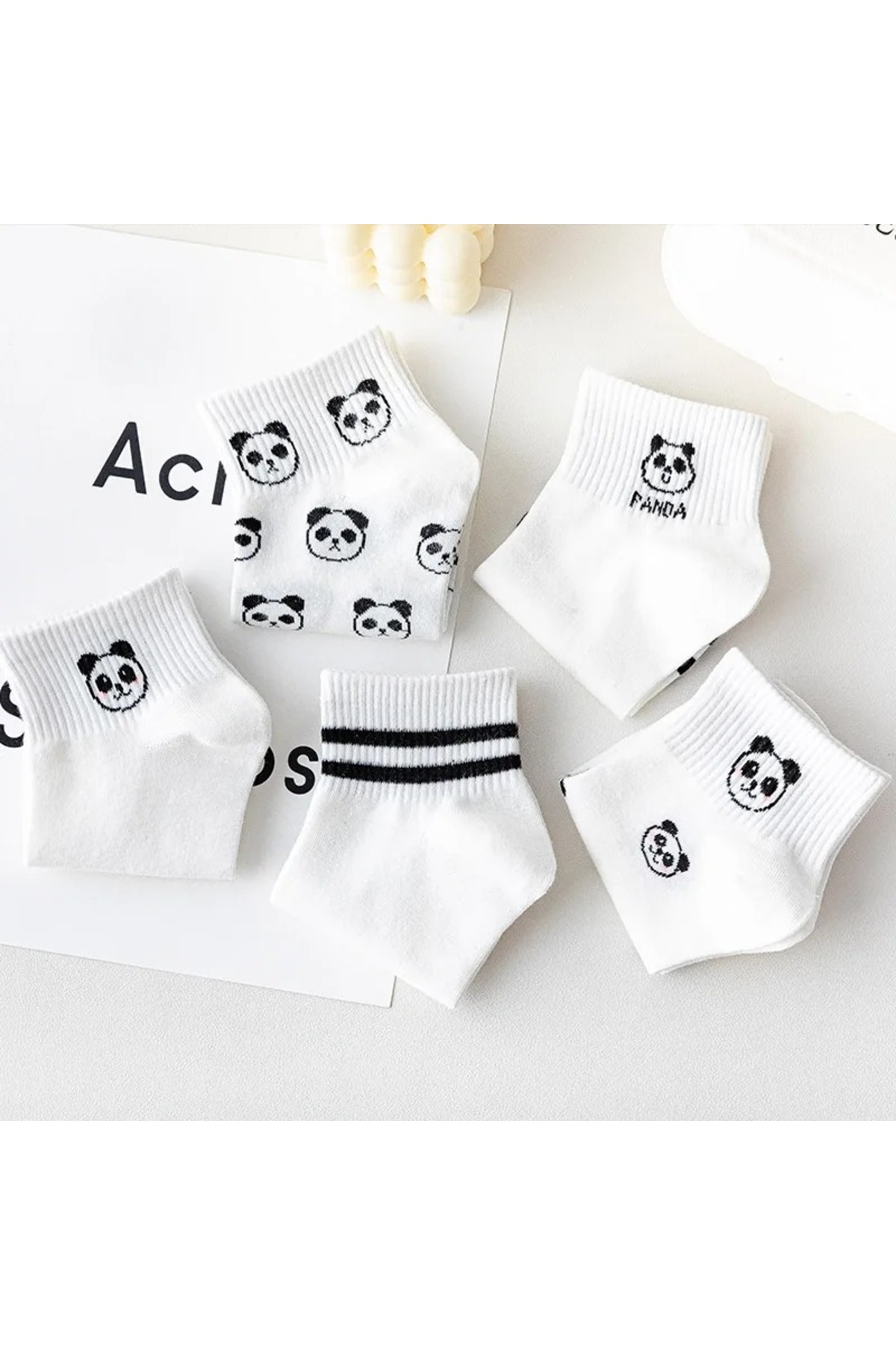 çorapmanya 5 Çift Dikişsiz Panda Desenli Siyah Beyaz Unisex Kolej Tenis Çorap görsel 3