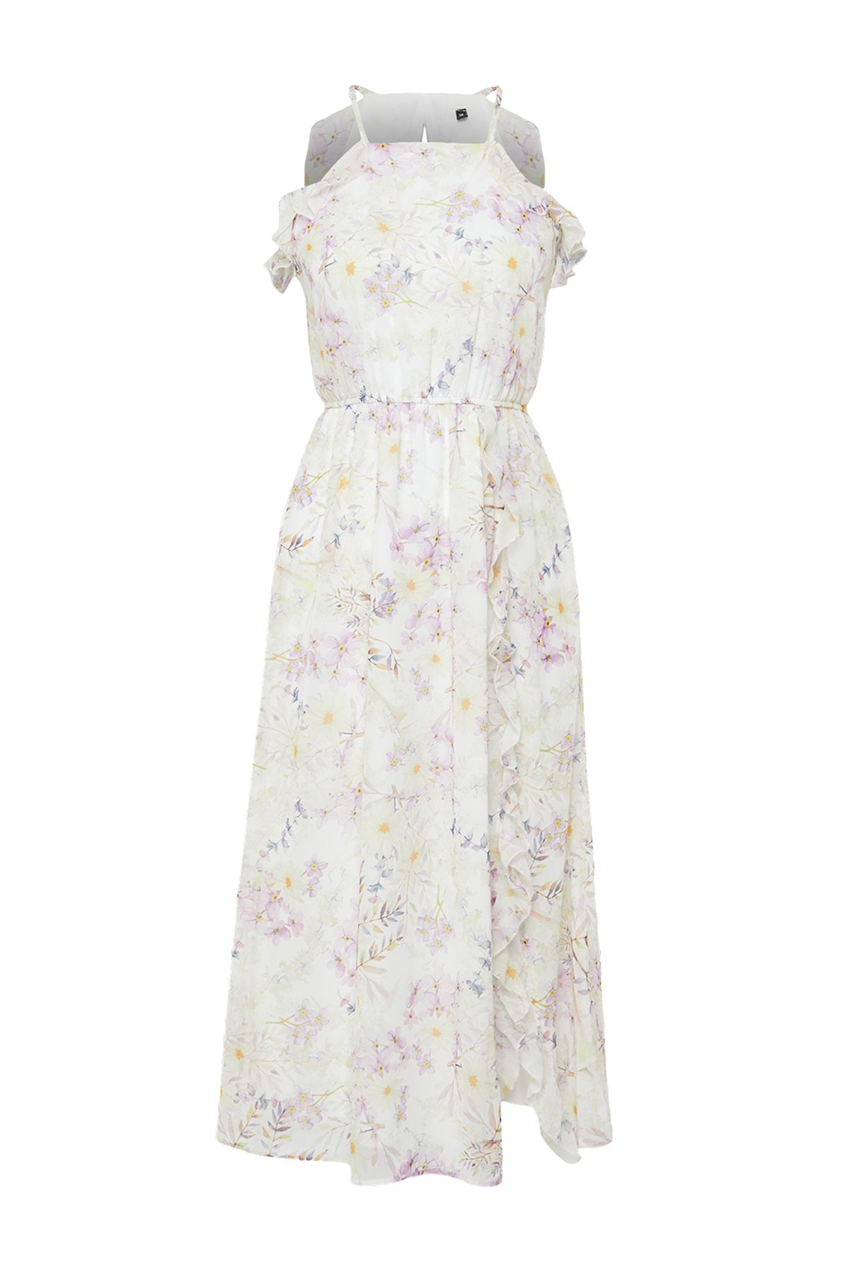 Trendyol Collection-Ecrufarbenes A-Linien-Maxikleid aus Webstoff mit Blumenmuster und Rüschendetail, Chiffonfutter TWOSS24EL00805 7