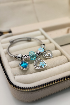 Silver Mavi Taşlı Charm &Ccedil;elik Bileklik