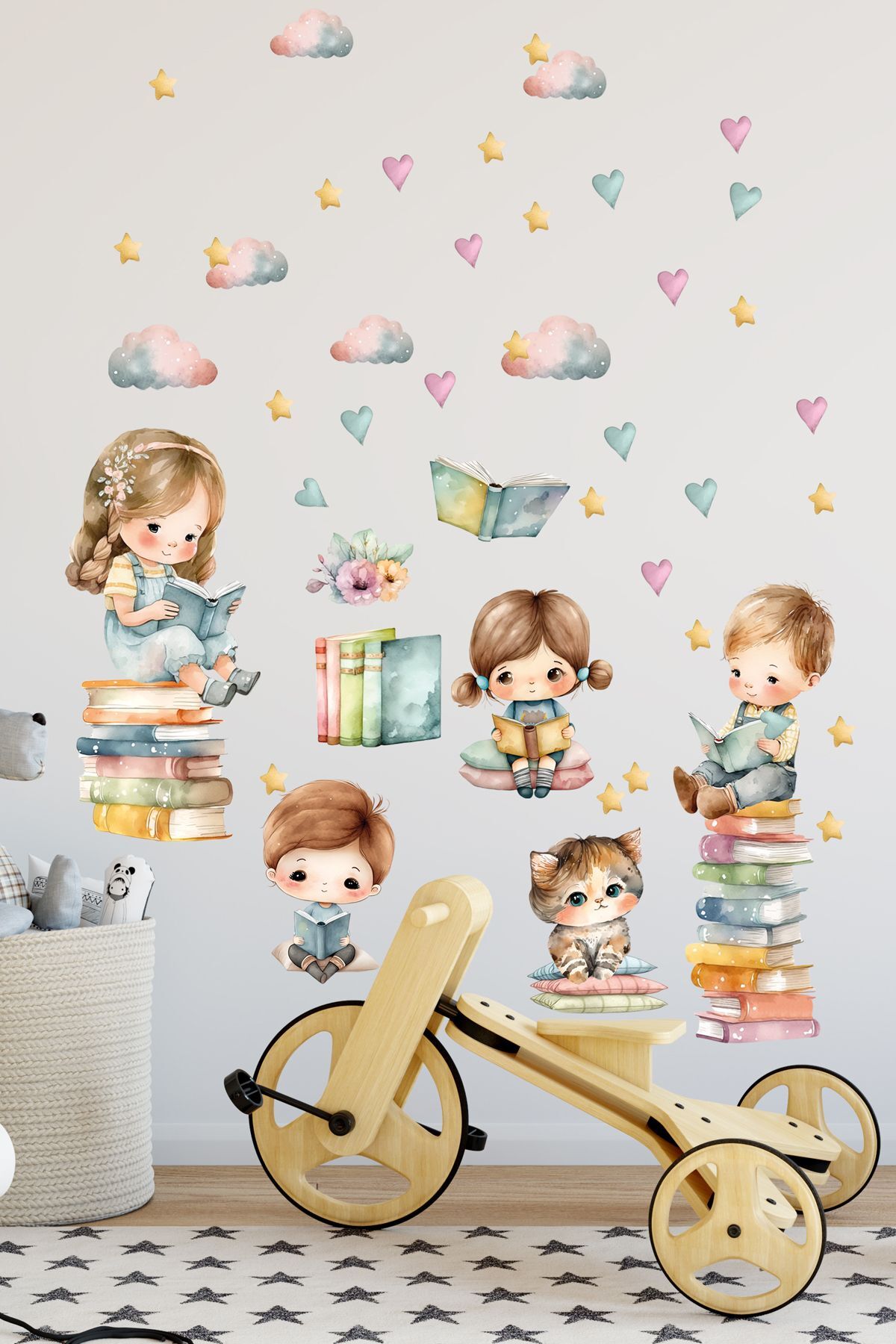 Kt Grup Kitap Okuyan Çocuklar Pastel Renk Çocuk Odası Dekoratif Duvar Sticker Seti fotoğrafı 2 (önizleme)