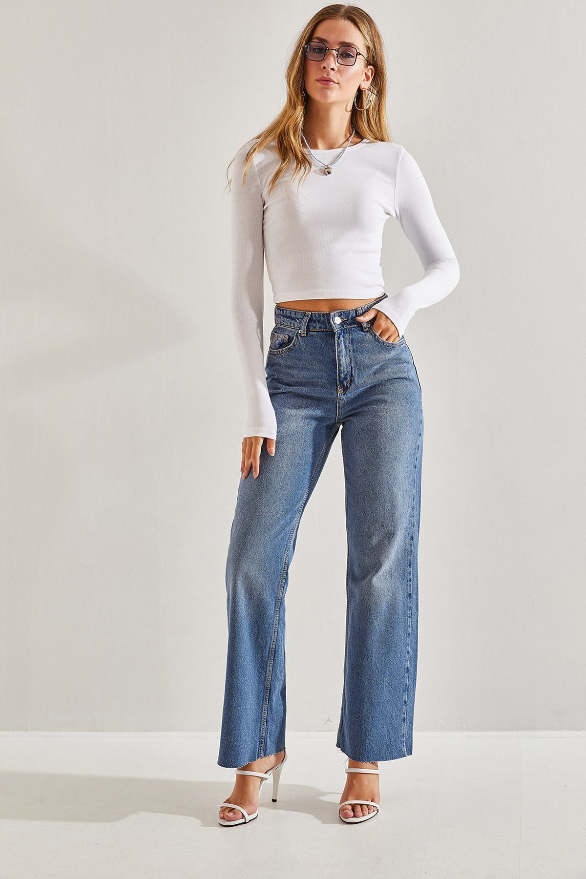 Bianco Lucci-Pantaloni Palazzo de damă cu talie înaltă tăiați cu laser -40971035 6