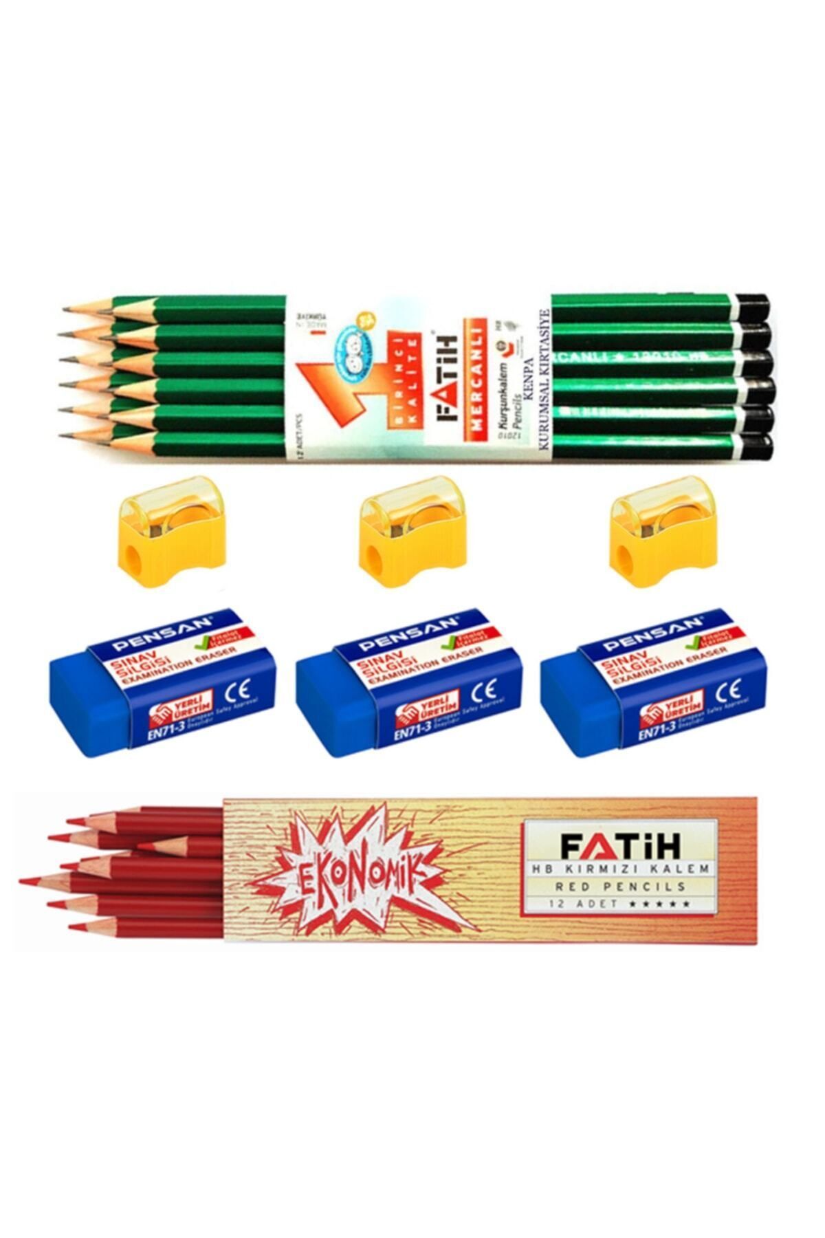 Fatih - (1 Düzine Mercanlı Kurşun Kalem - 1 Düzine Kırmızı Kopya Kalemi - 1 Adet Silgi - 1 Adet Tekli Kalem Açacağı Set)