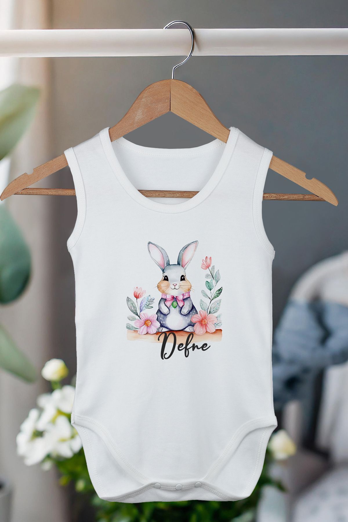 100% Organic Cotton Personalized White Singlet Baby Bodysuit Snapsuit Cute Rabbit