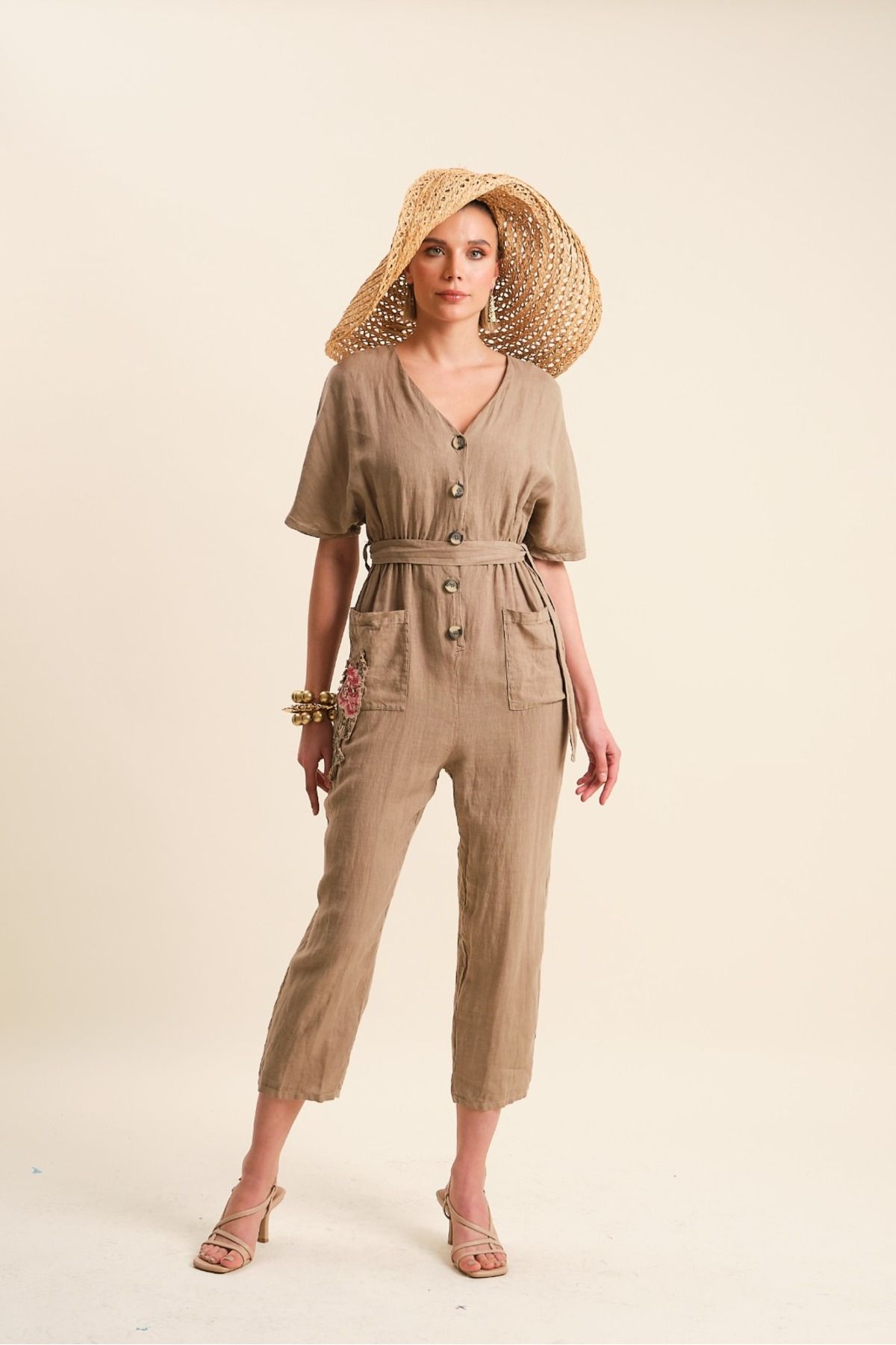 VERDA-Linen Jumpsuit - Embroidered Detailed and Belted Belt 1