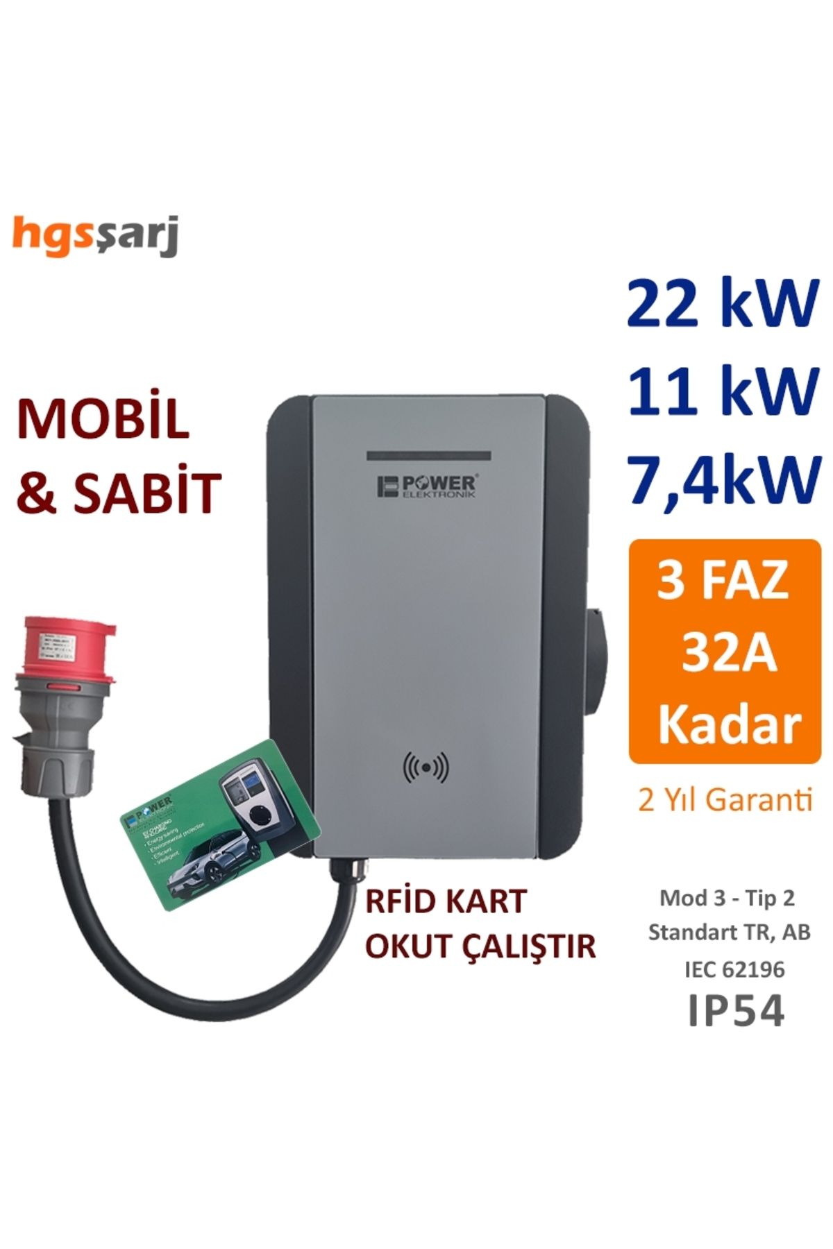 POWER ELEKTRONİK Power Elektronik Mobil 22kW-11kW-7,4kW Elektrikli Araç Şarj İstasyonu-Rfid Kart- Okut Çalıştır