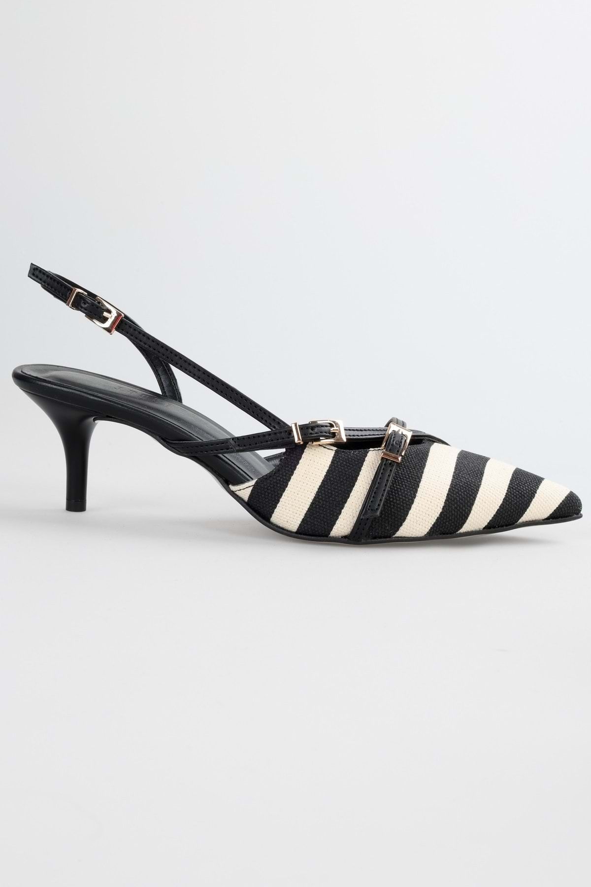 Shoeberry-Czarne lniane szpilki w paski – damskie buty na obcasie 6