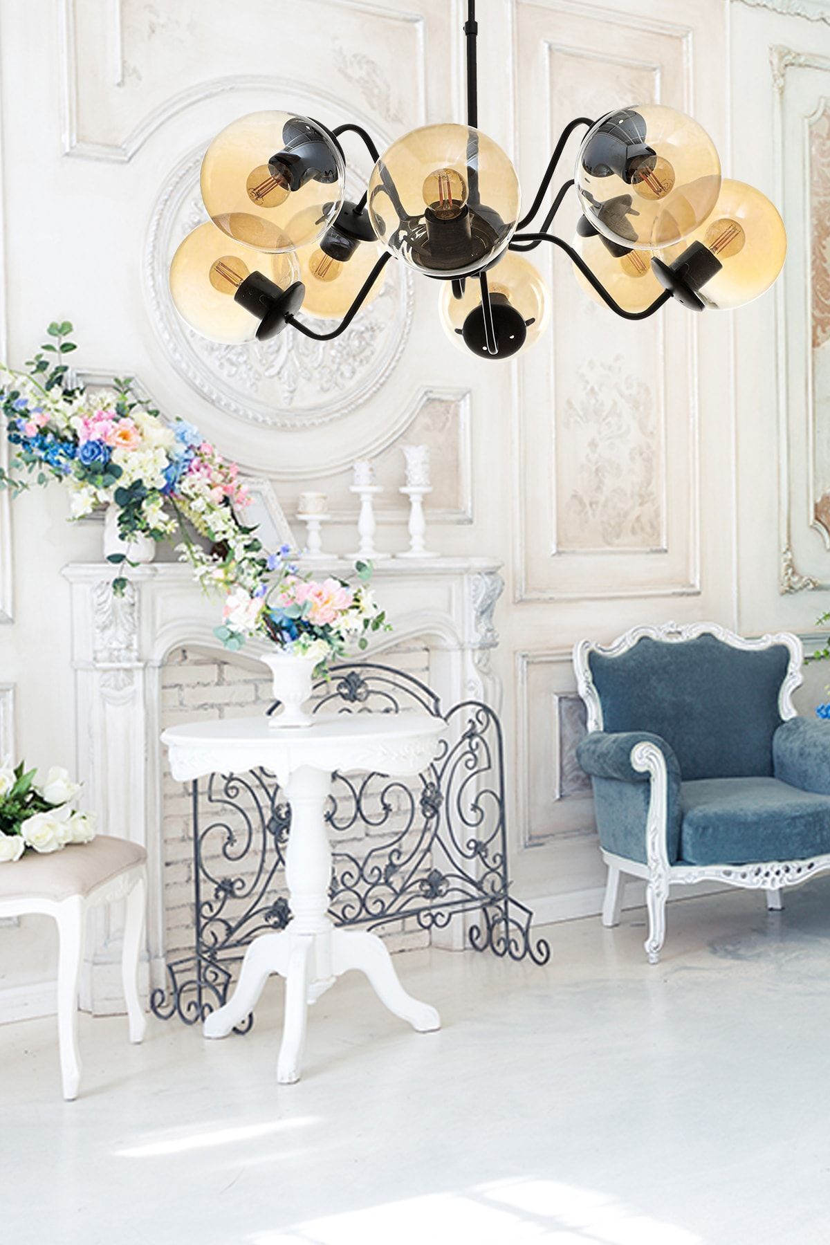 Karmen 8-Piece Black Honey Globe Glass Chandelier