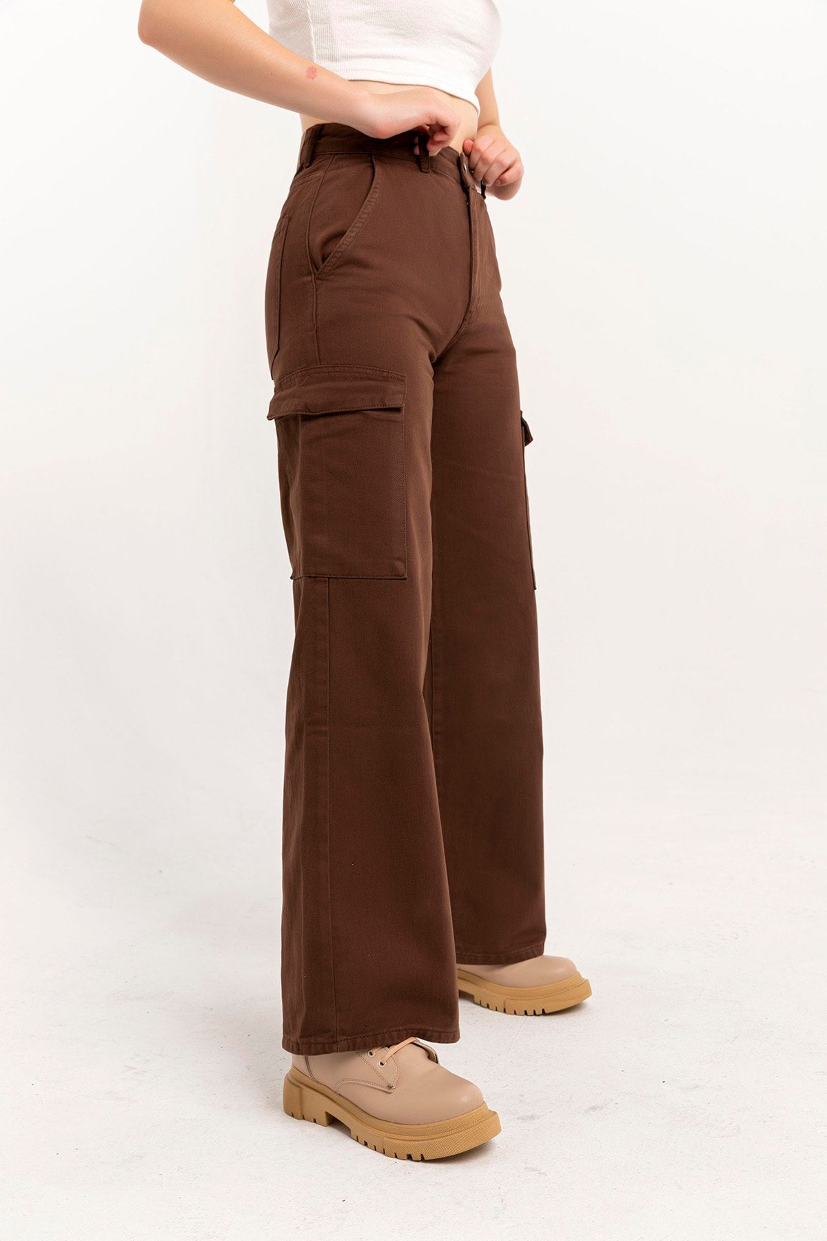 Darkly Jeans  Kadın Kahve Rengi Yüksek Bel Kargo Wide Leg Jean - Görsel 4