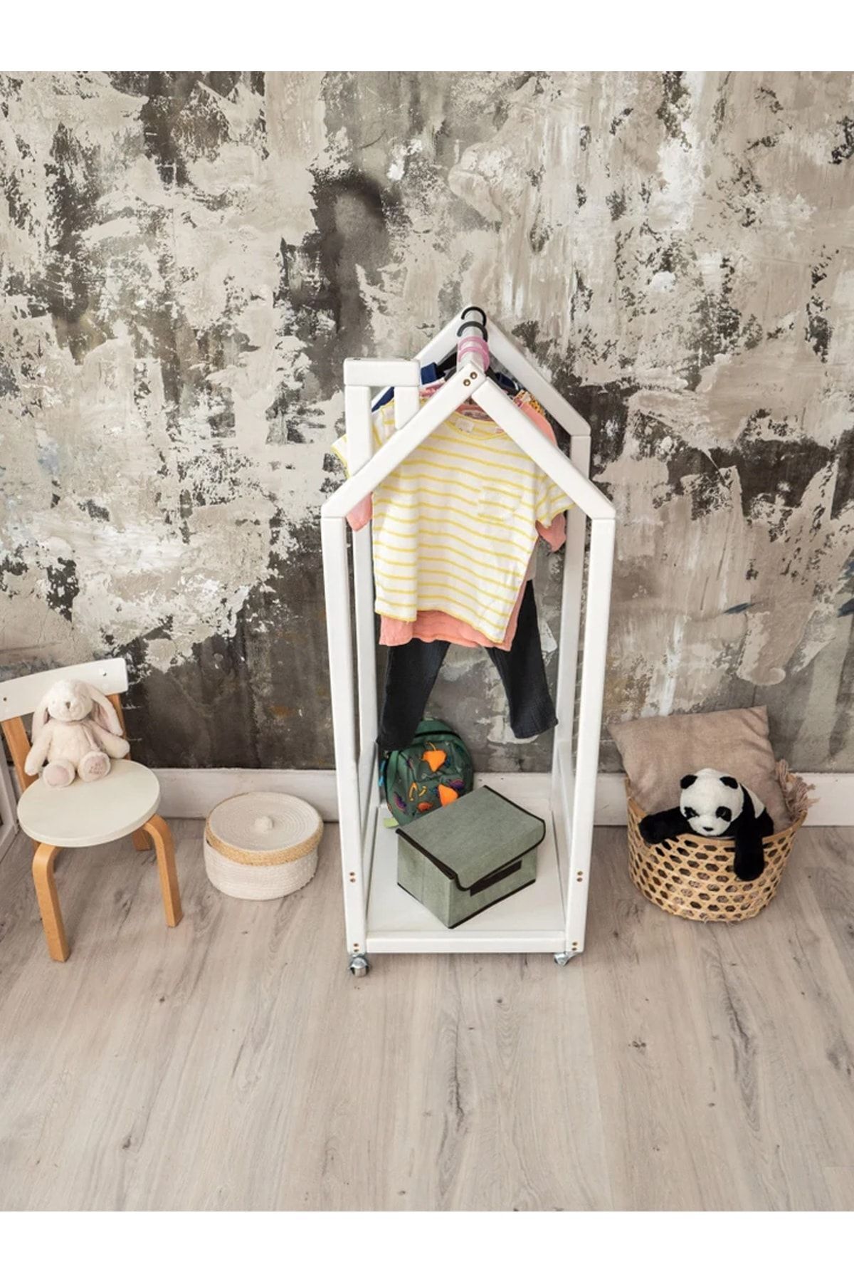 OPPİPO Montessori Ahşap Çocuk Odası Açık Gardırop Beyaz - Montessori Askılık - Montessori Mobilya fotoğrafı 4 (önizleme)