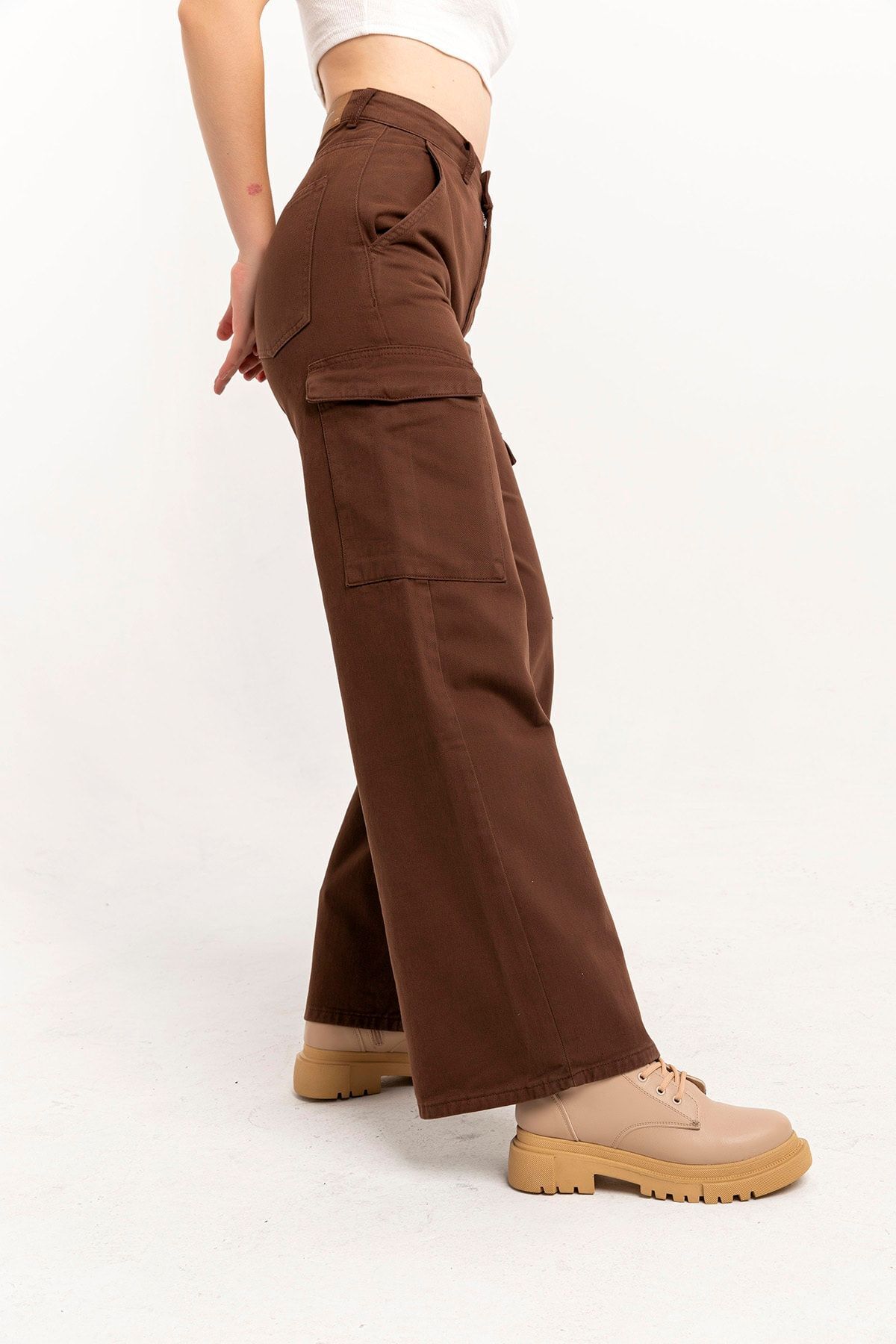 Darkly Jeans  Kadın Kahve Rengi Yüksek Bel Kargo Wide Leg Jean - Görsel 6