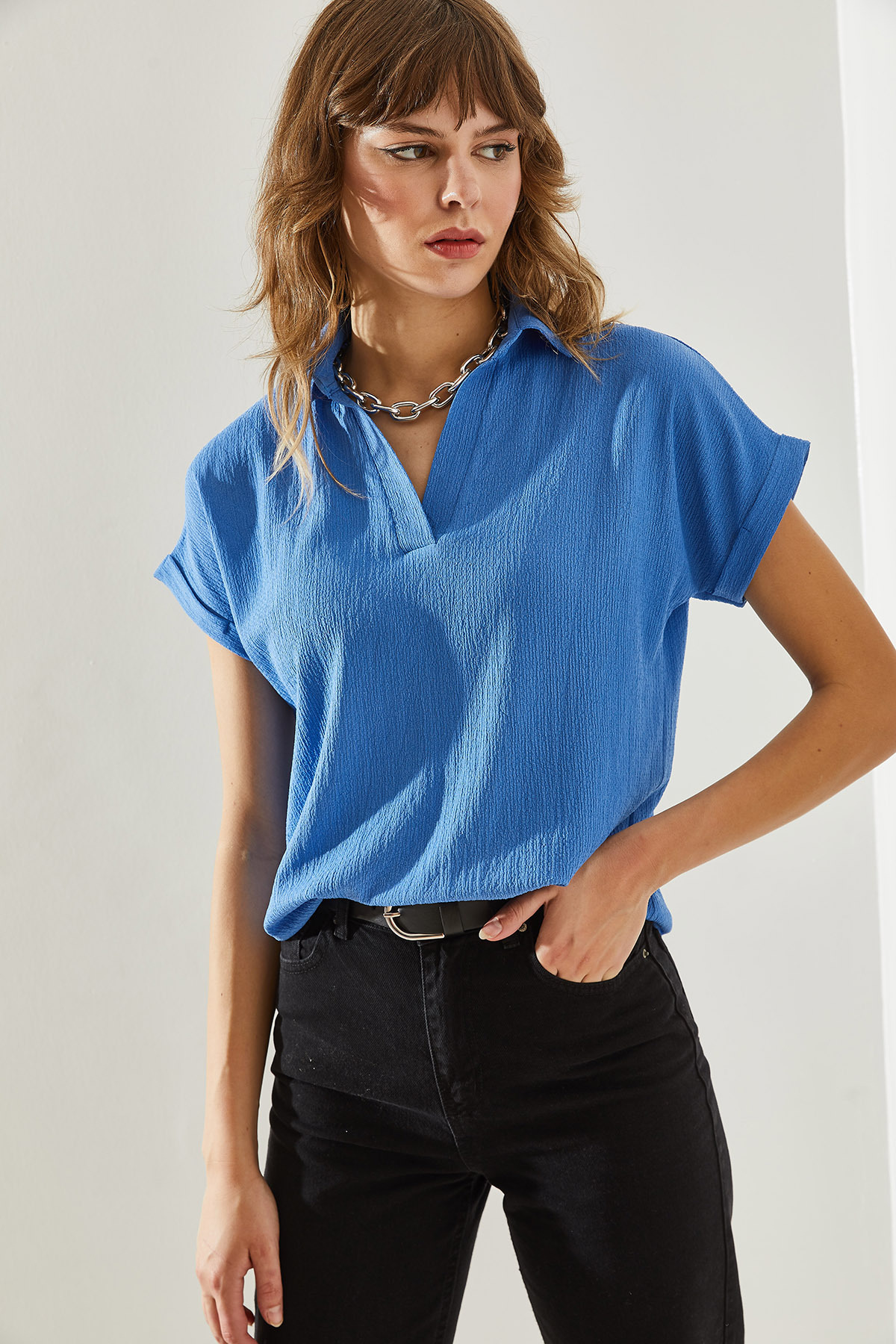 Bianco Lucci-Bluză tricotată pentru damă cu gât polo - Crinkle 60251139 4