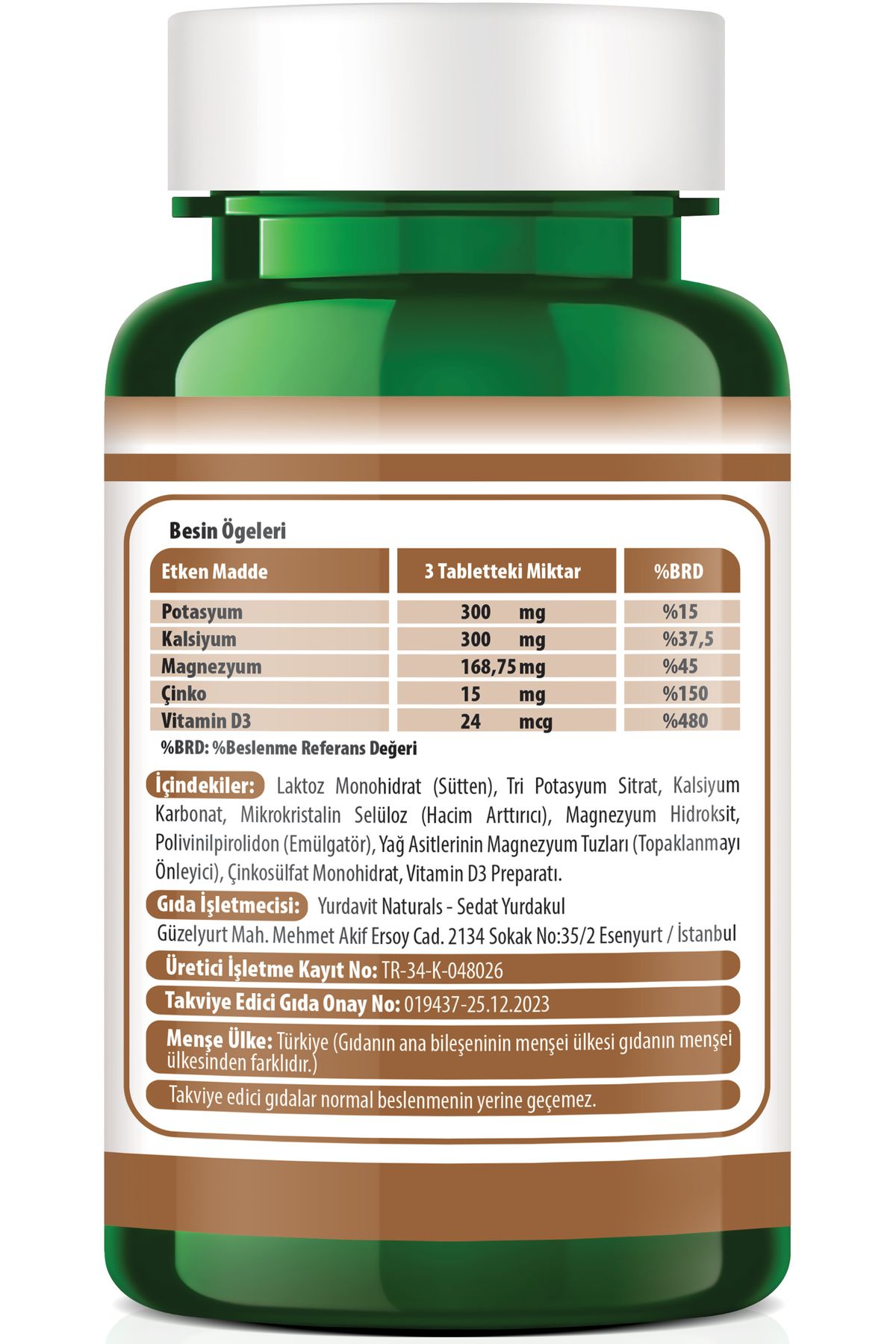 Yurdavit-100 Tablets Calcium, Magnesium, Potassium, Kalium Zinc and Vitamin D3 Suplement 3