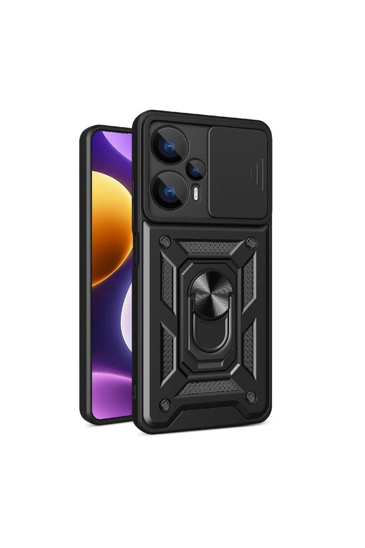Xiaomi Poco F5 Kapak Lens Sürgülü Kamera Korumalı Yüzüklü Stantlı Tank Kılıf - Siyah