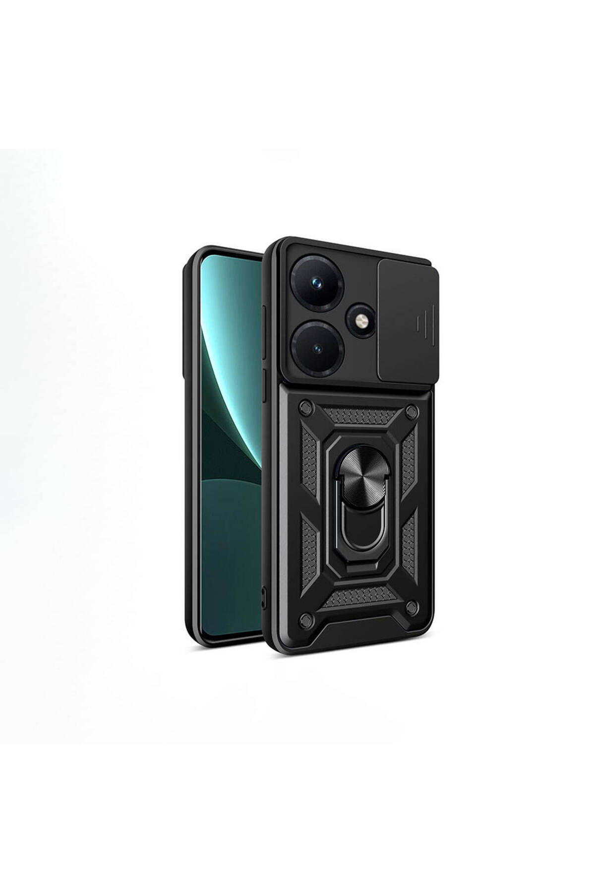 İnfinix Hot 30i Kapak Lens Sürgülü Kamera Korumalı Yüzüklü Stantlı Tank Kılıf - Siyah