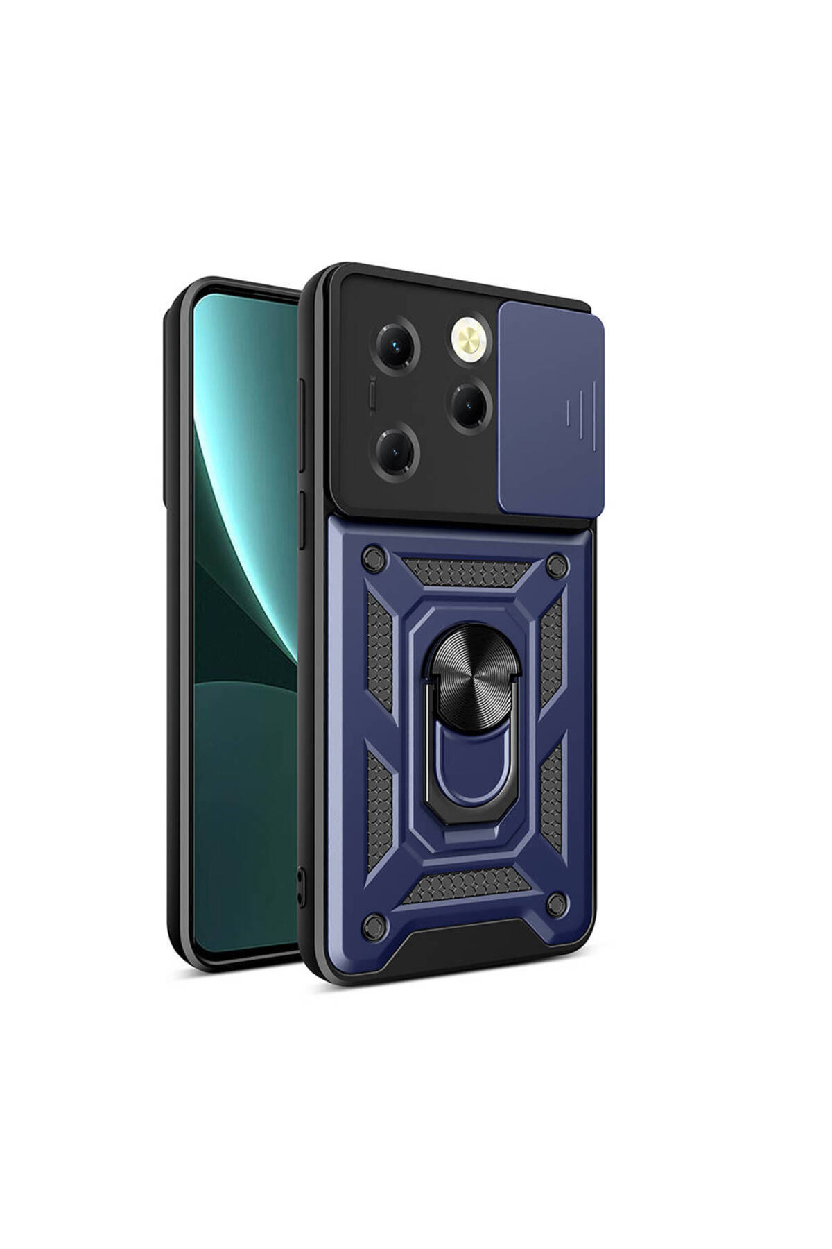 Tecno Spark 20 Pro 5G Kapak Lens Sürgülü Kamera Korumalı Yüzüklü Stantlı Tank Kılıf - Lacivert