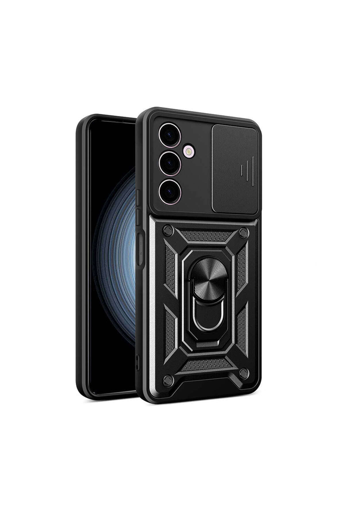 Samsung Galaxy A24 Kapak Lens Sürgülü Kamera Korumalı Yüzüklü Stantlı Tank Kılıf - Siyah