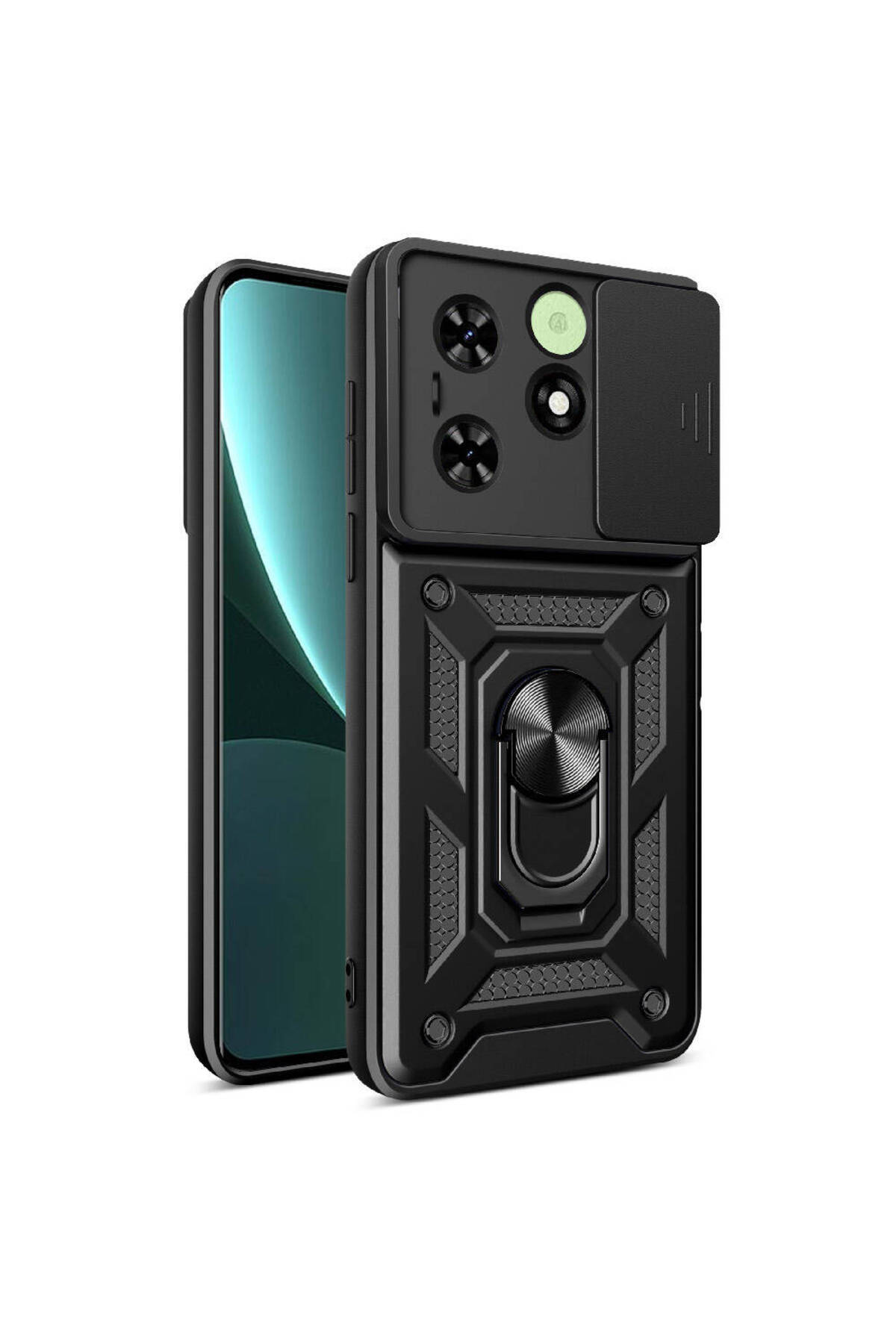 Tecno Spark 20C Kapak Lens Sürgülü Kamera Korumalı Yüzüklü Stantlı Tank Kılıf - Siyah