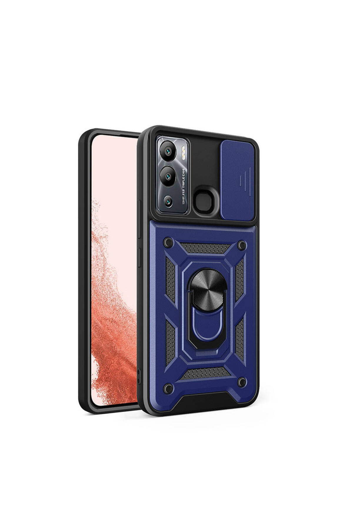 İnfinix Hot 12i Kapak Lens Sürgülü Kamera Korumalı Yüzüklü Stantlı Tank Kılıf - Lacivert