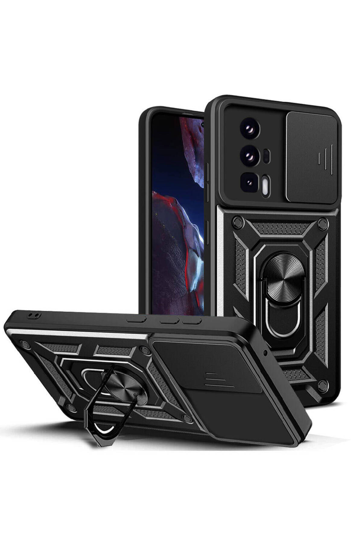 Xiaomi Poco F5 Pro Kapak Lens Sürgülü Kamera Korumalı Yüzüklü Stantlı Tank Kılıf - Siyah