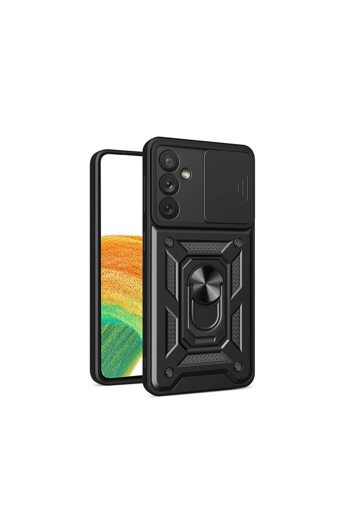 Samsung Galaxy A34 Kapak Lens Sürgülü Kamera Korumalı Yüzüklü Stantlı Tank Kılıf - Siyah