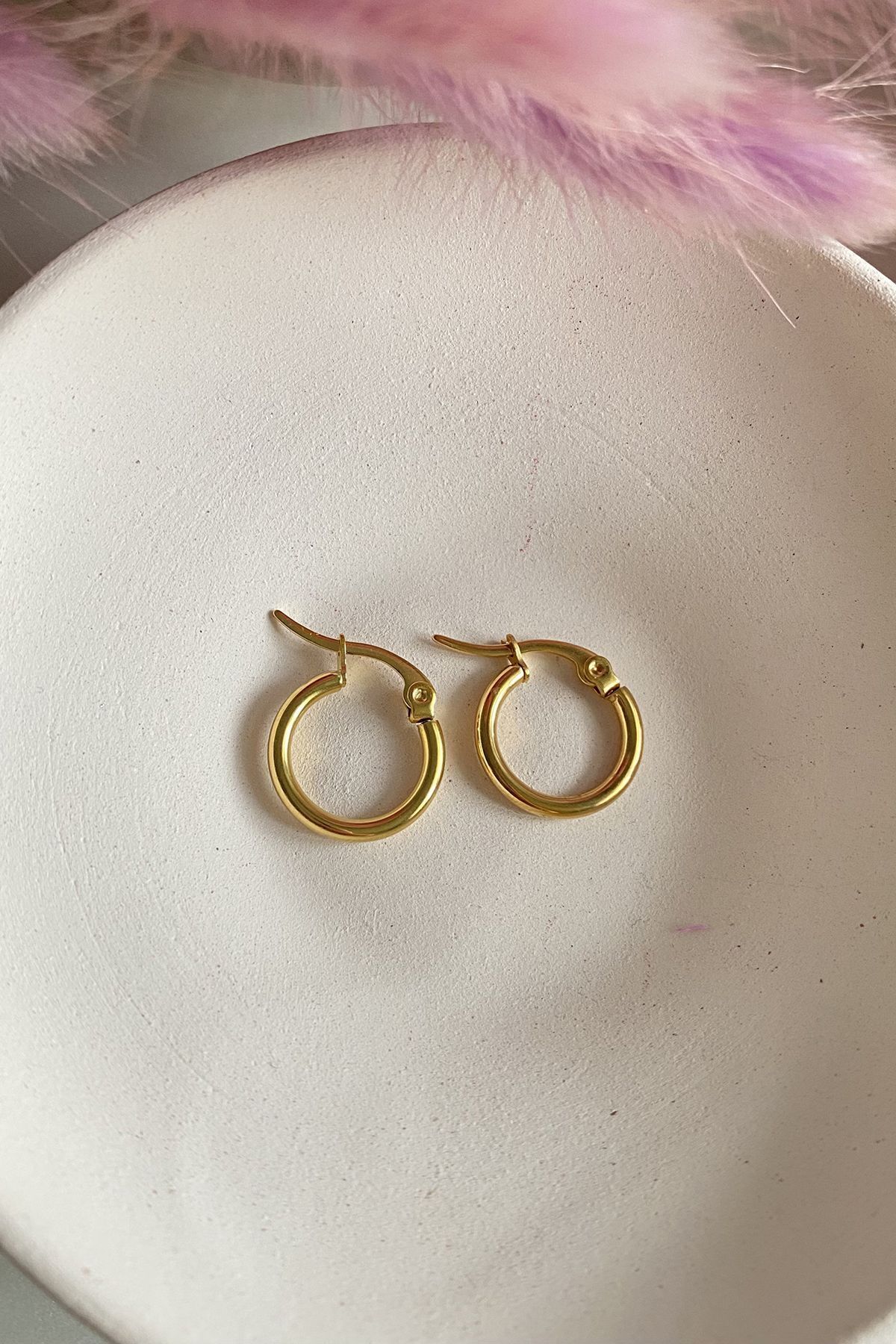 Gold Küpe Çelik 14 Ayar Altın Kaplama Midi Boy Halka 1,5 Cm 