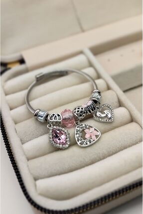 Pembe Taşlı Charm &Ccedil;elik Bileklik