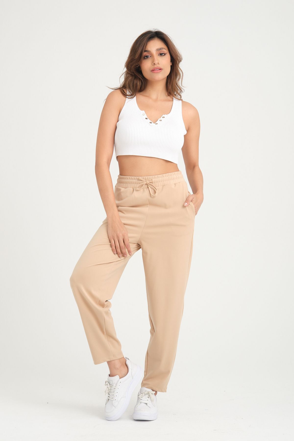 ESPİNA-Pantaloni de scuba tricotați largi din țesătură elastică, morcov, Shalwar Ecru 2