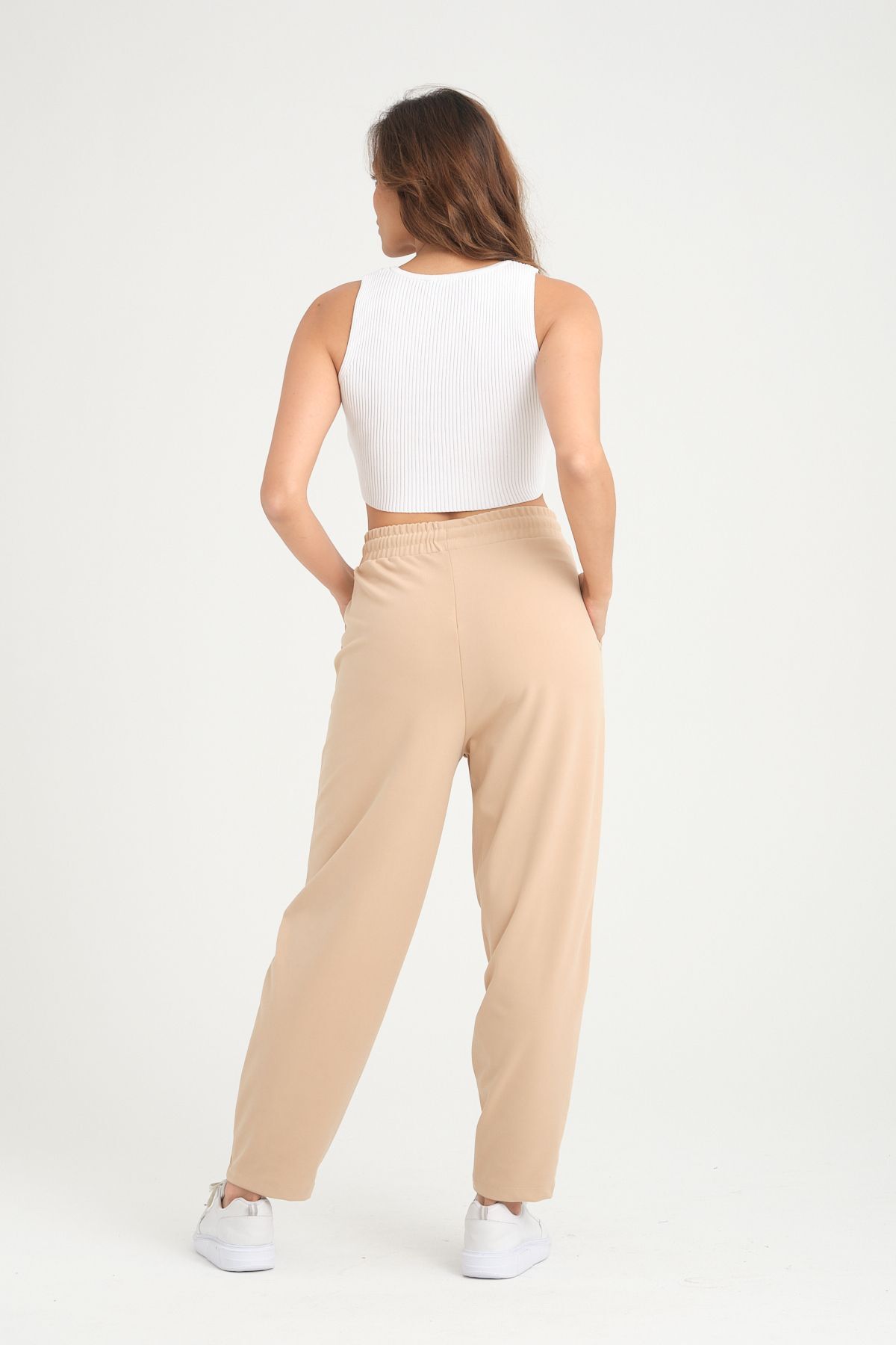 ESPİNA-Pantaloni de scuba tricotați largi din țesătură elastică, morcov, Shalwar Ecru 8