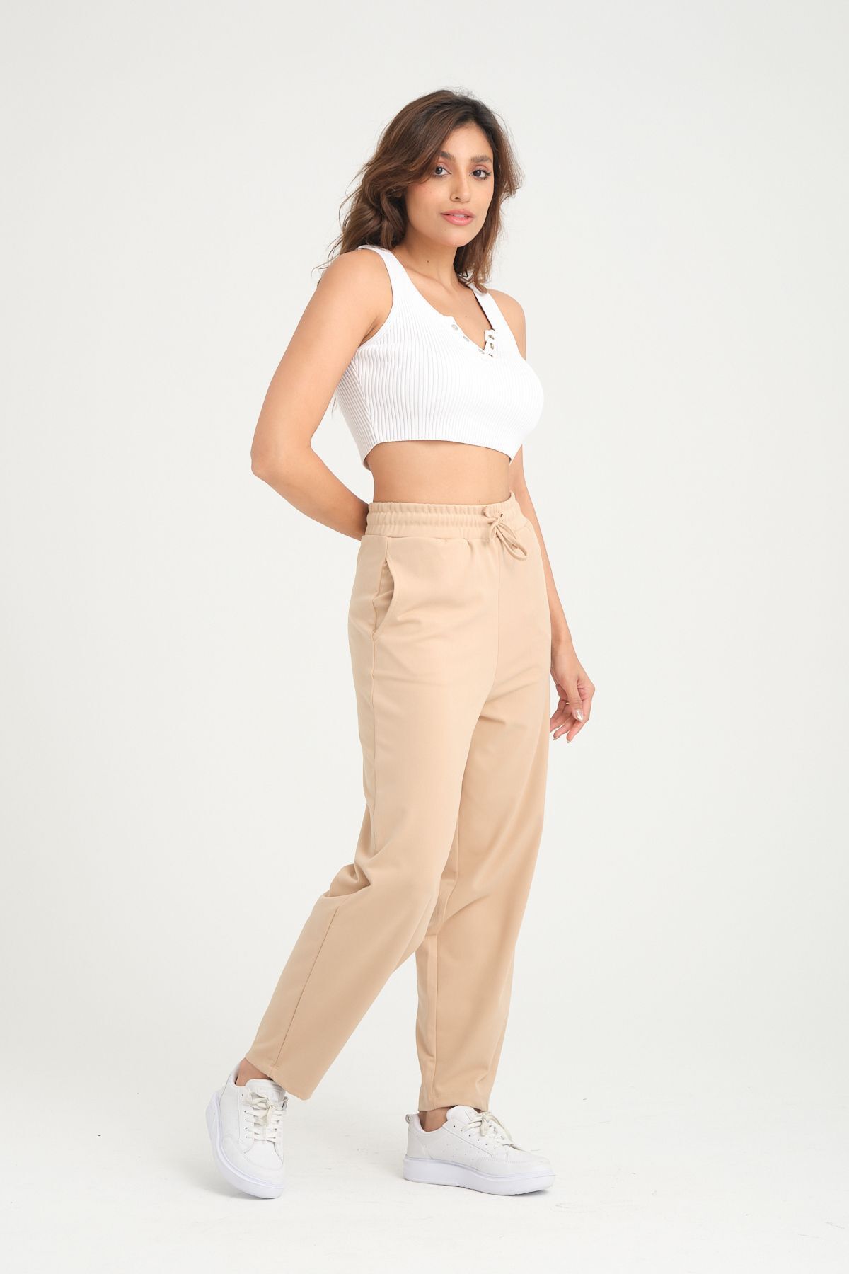 ESPİNA-Pantaloni de scuba tricotați largi din țesătură elastică, morcov, Shalwar Ecru 6