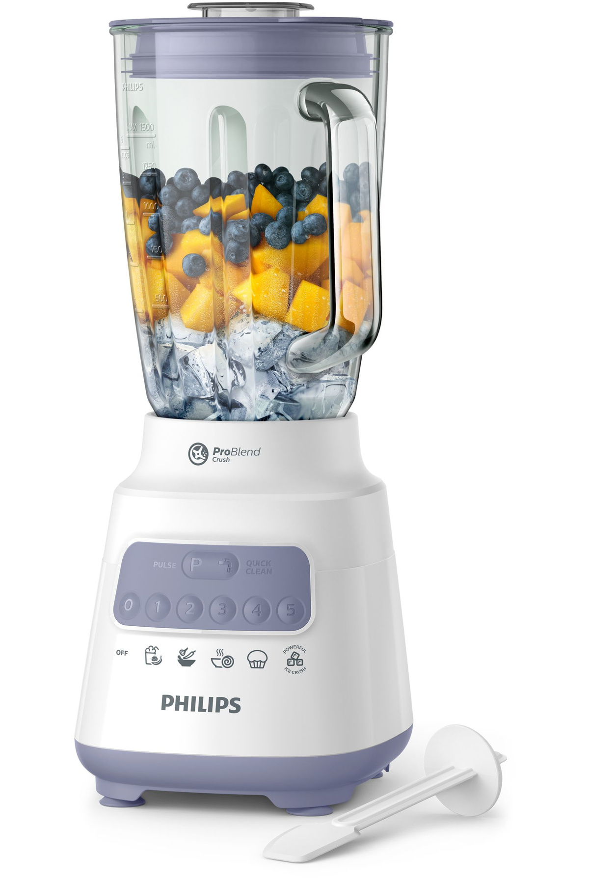 Philips-خلاط برطمان زجاجي - 700 وات، 2 لتر - 5 سرعات + نبض، ملعقة + مطحنة - لافندر/أبيض - HR2222/01 2