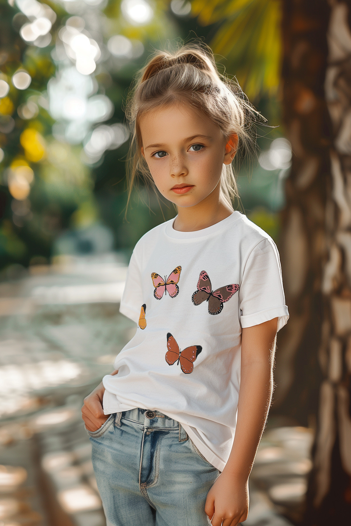TRENDYOLKIDS-Bílé dívčí bavlněné tričko se vzorem motýla - Tkdss24Ts00041 1