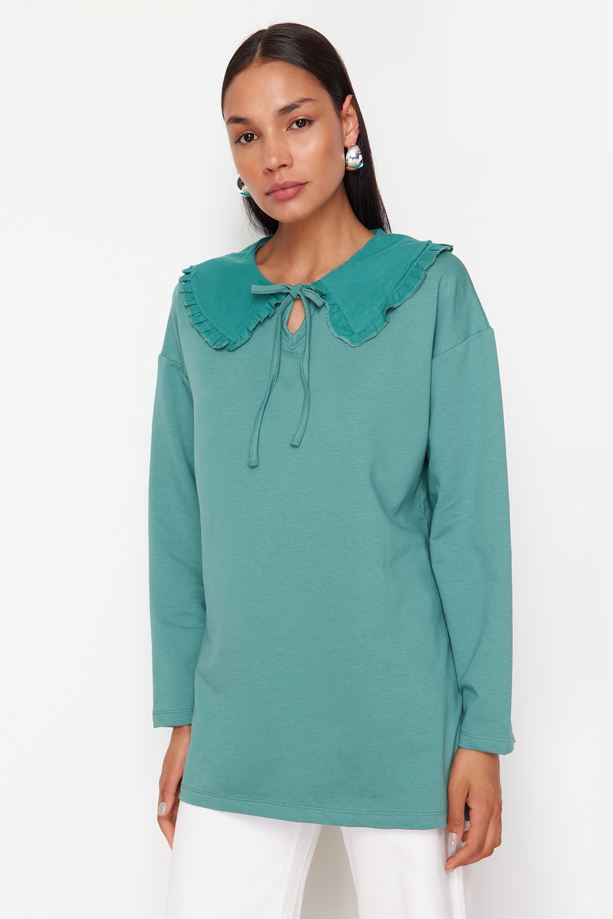 Trendyol Modest Tunika dzianinowa - mięta, oversize'owy kołnierzyk dziecięcy, TCTSS24UK00040