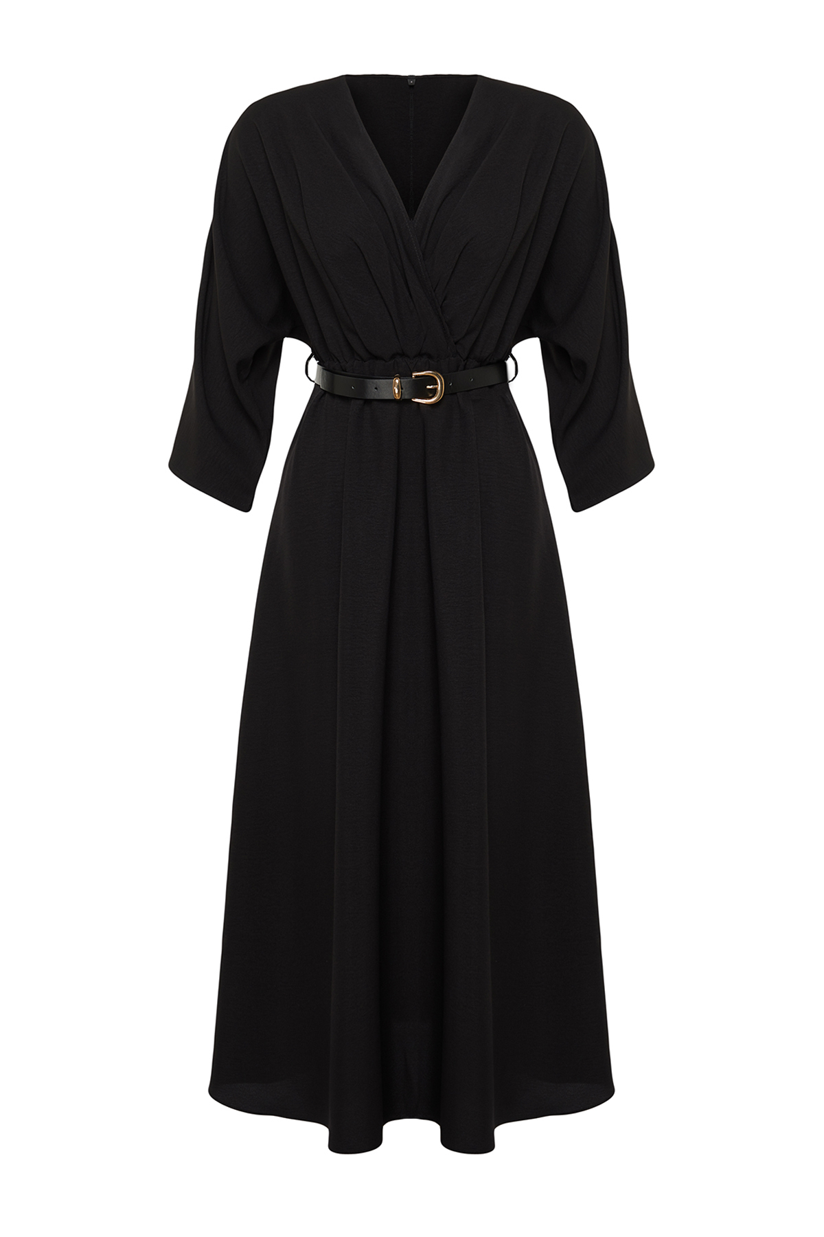 Trendyolmilla  Siyah Kemerli A-line Kruvaze Yakalı Aerobin Midi Dokuma Elbise TWOSS24EL00992 - Görsel 7