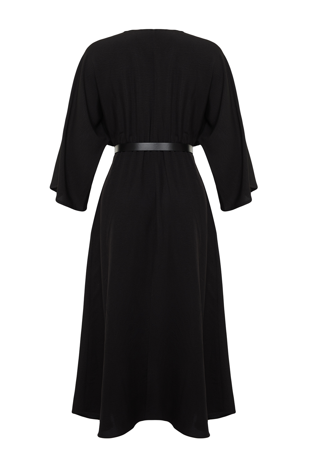 Trendyolmilla  Siyah Kemerli A-line Kruvaze Yakalı Aerobin Midi Dokuma Elbise TWOSS24EL00992 - Görsel 8