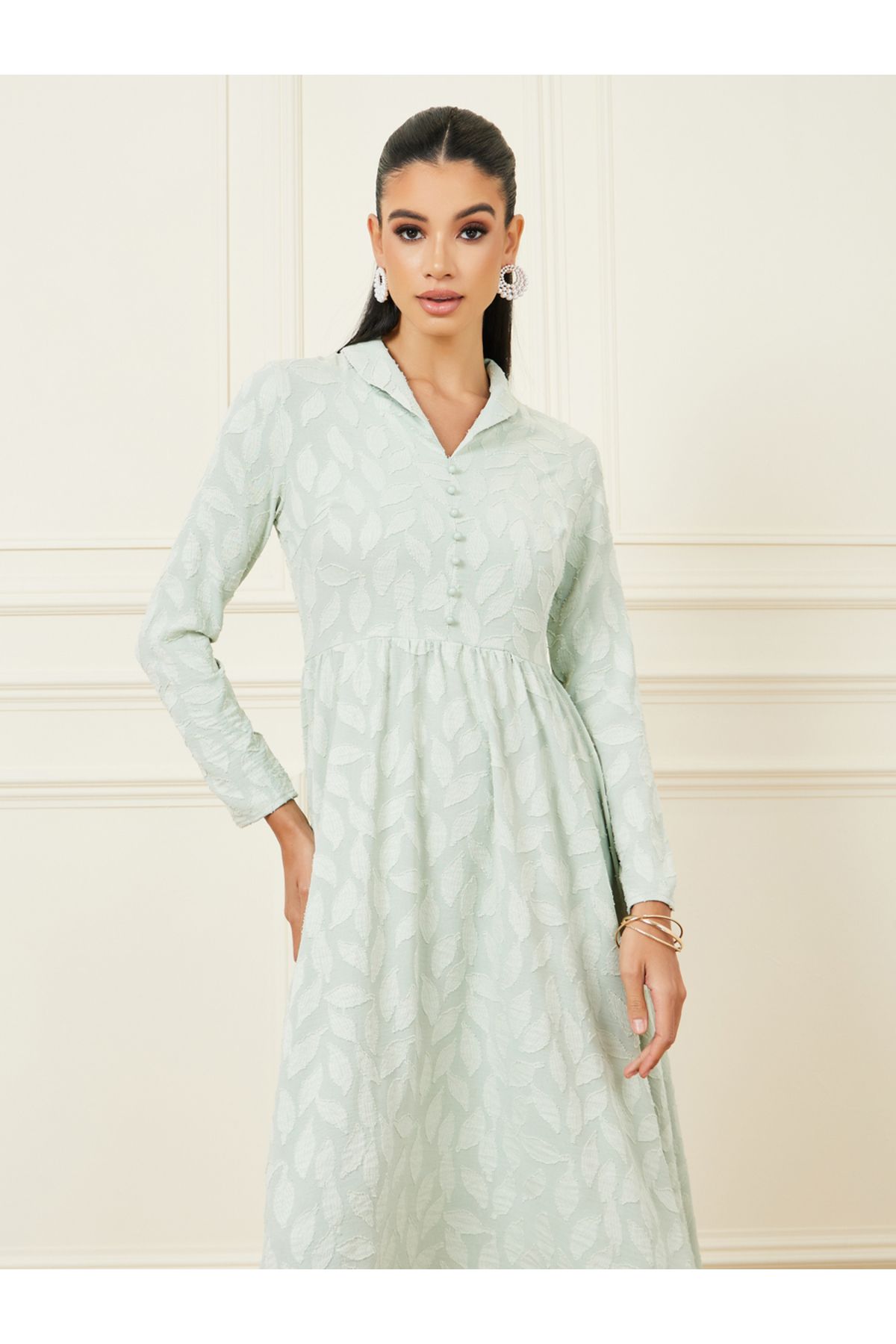Styli-Burnout Texture Button Detail A-Line Midi Dress 2