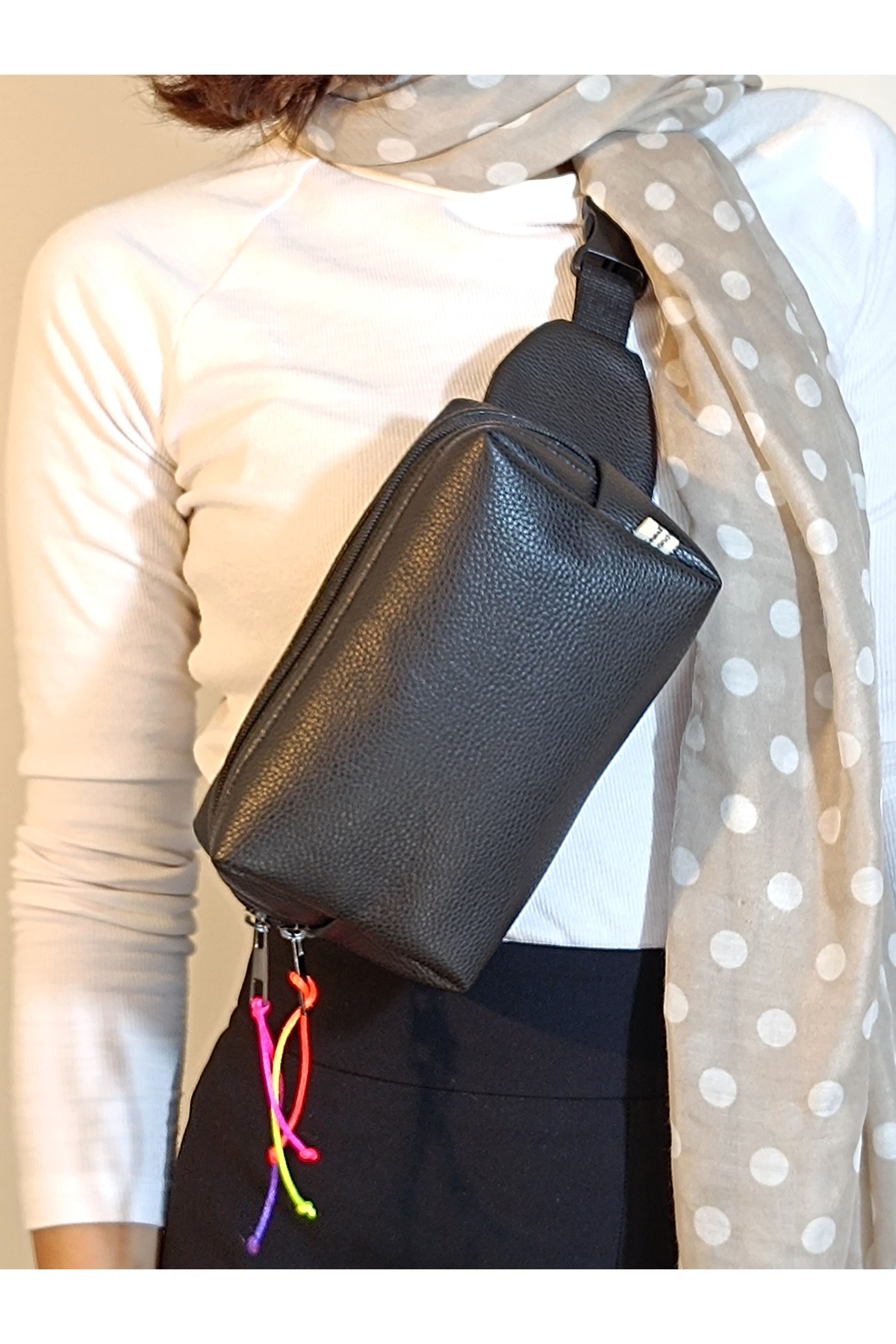 minart design Suni Deri Renkli Kareli Astarlı Çapraz Kullanıma Uygun Bel Çantası