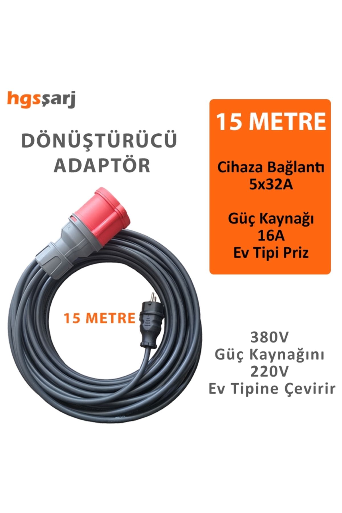 Bemis 15 Metre Dönüştürücü Adaptör. 380V Güç Kaynaklı Elektrikli Araç Şarj Cihazını 220V dönüştürür