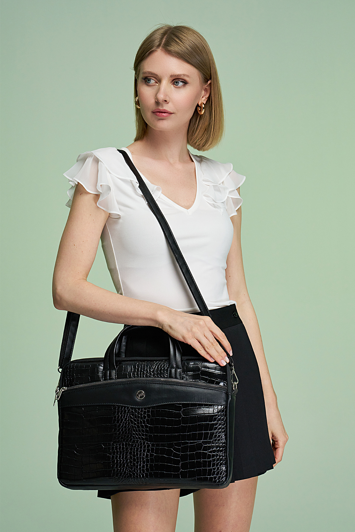 MORCA  Unisex Siyah Kroko Deri 13" & 14" Inç Laptop Evrak Çantası - Görsel 2