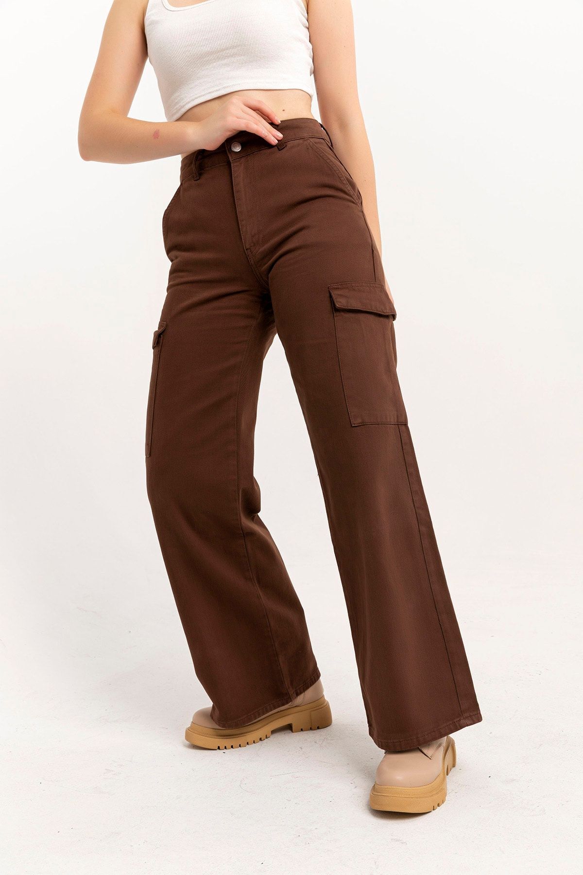 Darkly Jeans  Kadın Kahve Rengi Yüksek Bel Kargo Wide Leg Jean - Görsel 5