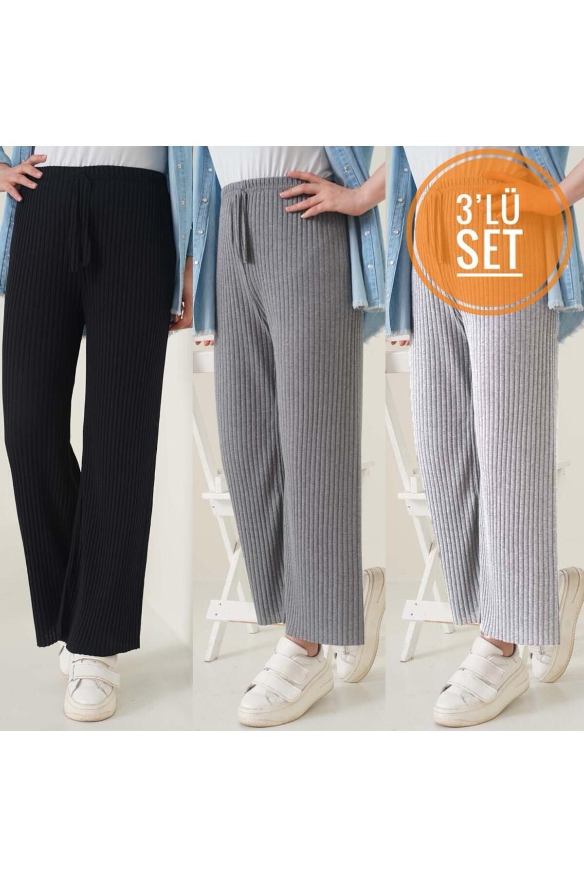 Karteks-Set of 3 Women's Ribbed Comfortable Pants & Sweatpants, Casual Comfortable Home Wear Pajamas 1