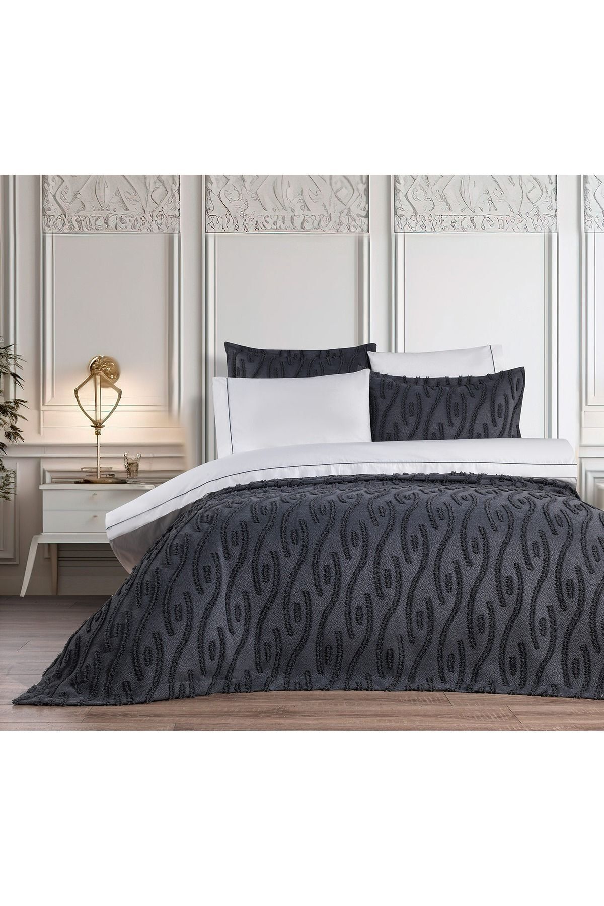 Butikhome by Egemar-Astor Anthracite Gray Tassel Patterned Bedspread Set - Chenille Embossed, Simple and Modern 4Pc 3