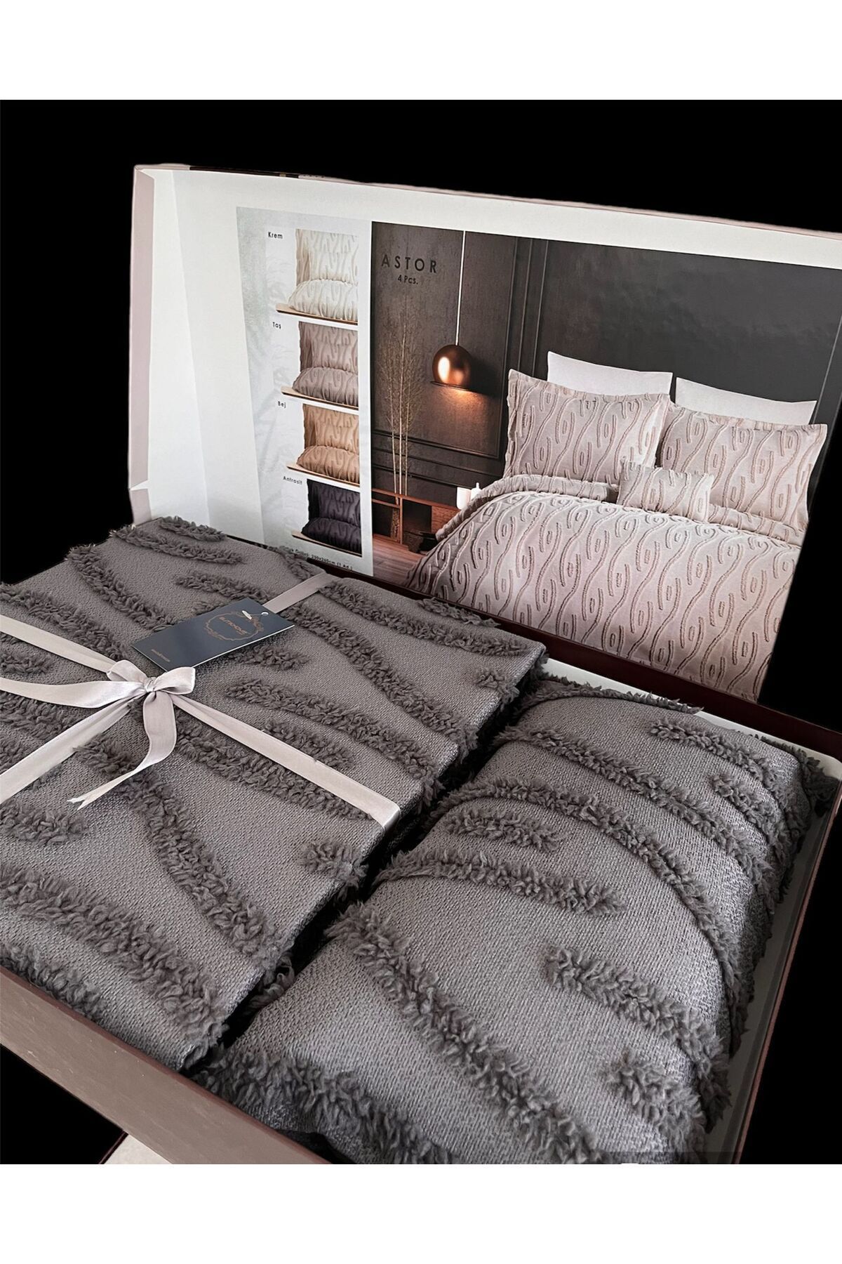 Butikhome by Egemar-Astor Anthracite Gray Tassel Patterned Bedspread Set - Chenille Embossed, Simple and Modern 4Pc 2
