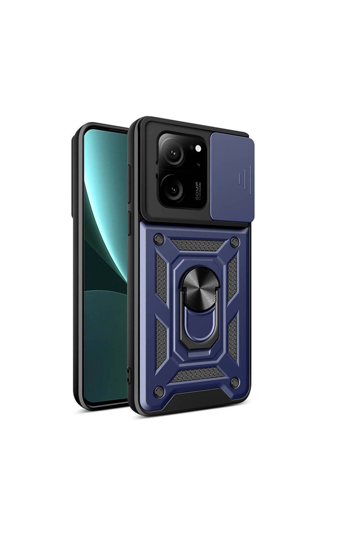 Xiaomi Mi 13T Kapak Lens Sürgülü Kamera Korumalı Yüzüklü Stantlı Tank Kılıf - Lacivert