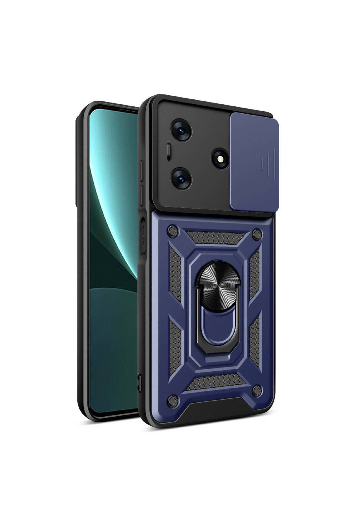Tecno Spark 10 4G Kapak Lens Sürgülü Kamera Korumalı Yüzüklü Stantlı Tank Kılıf - Lacivert