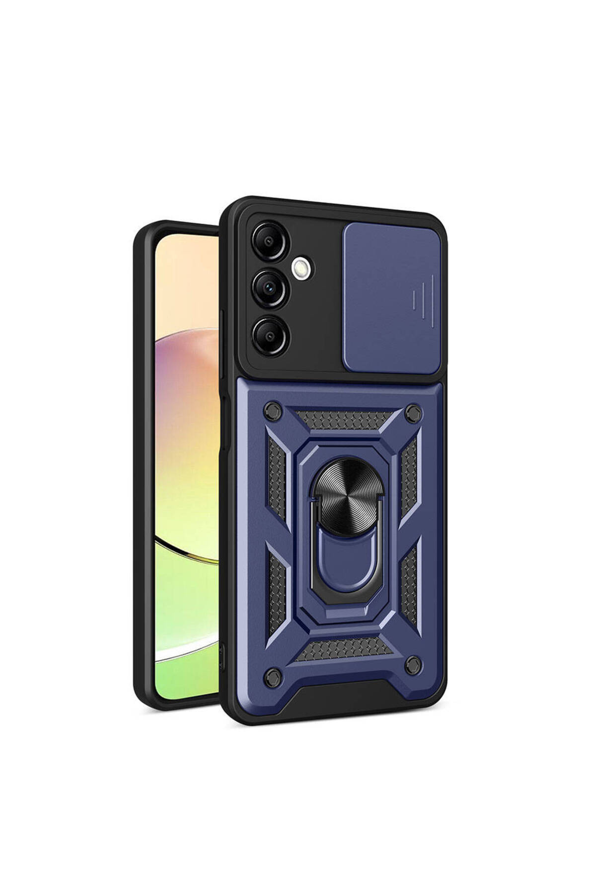 Samsung Galaxy A14 Kapak Lens Sürgülü Kamera Korumalı Yüzüklü Stantlı Tank Kılıf - Lacivert