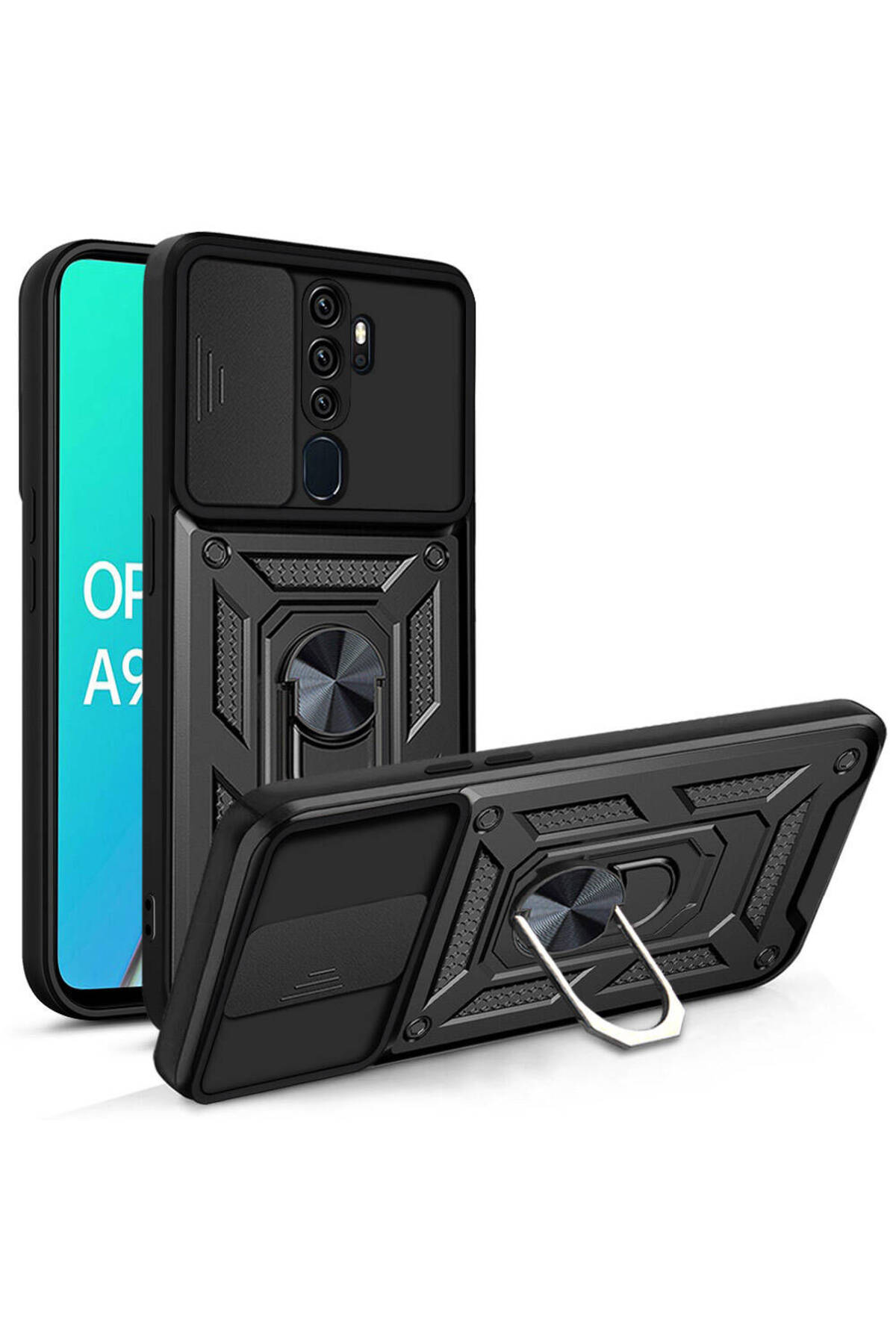 Oppo A9 2020 Kapak Lens Sürgülü Kamera Korumalı Yüzüklü Stantlı Tank Kılıf - Siyah