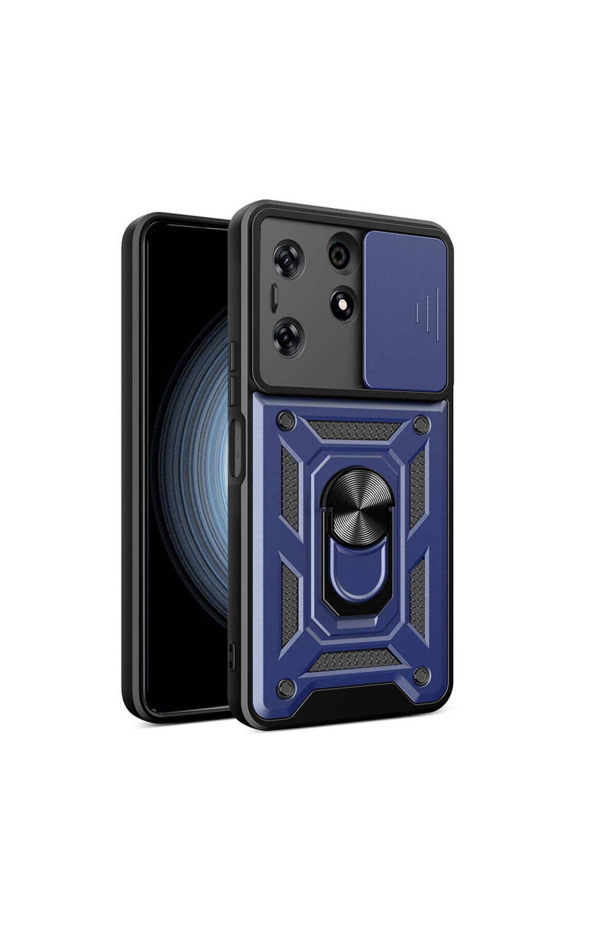 Tecno Spark 10 Pro Kapak Lens Sürgülü Kamera Korumalı Yüzüklü Stantlı Tank Kılıf - Lacivert