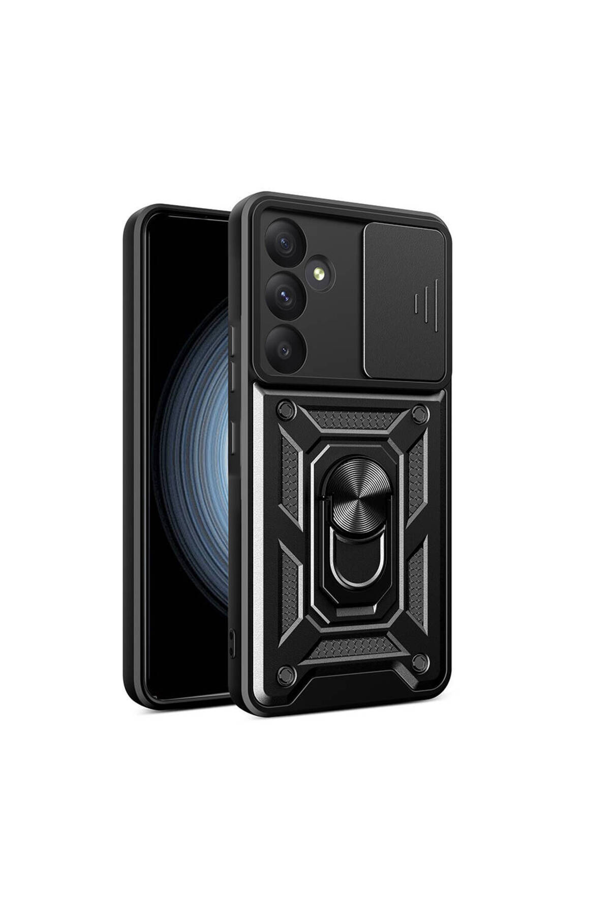 Samsung Galaxy A35 Kapak Lens Sürgülü Kamera Korumalı Yüzüklü Stantlı Tank Kılıf - Siyah