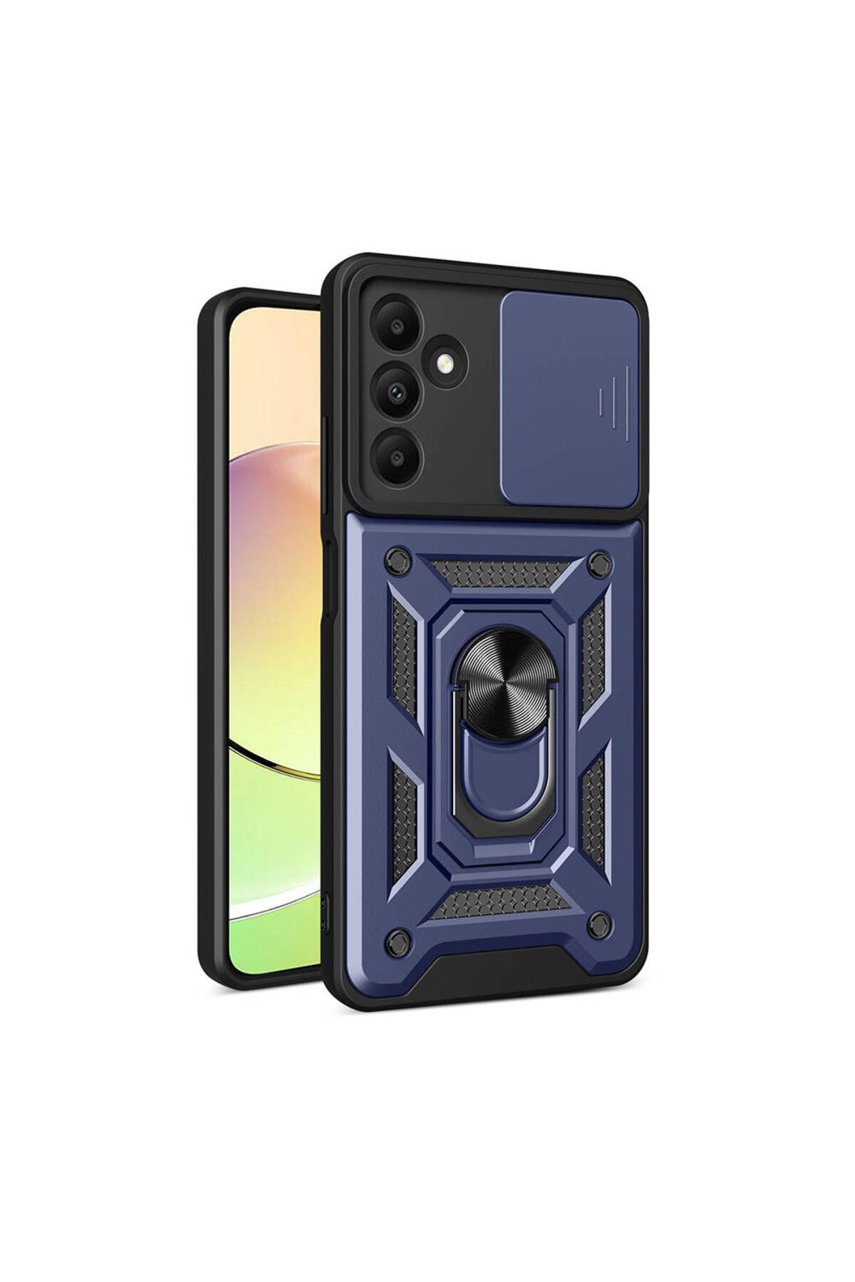 Samsung Galaxy A15 Kapak Lens Sürgülü Kamera Korumalı Yüzüklü Stantlı Tank Kılıf - Lacivert